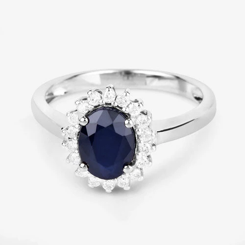1.73 Carat Genuine Blue Sapphire and White Diamond 14K White Gold Ring - Image 9