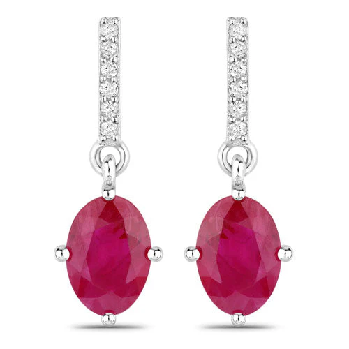 1.75 Carat Genuine Ruby and White Diamond 14K White Gold Earrings