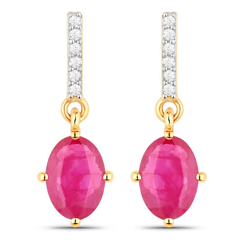 1.75 Carat Genuine Ruby and White Diamond 14K Yellow Gold Earrings