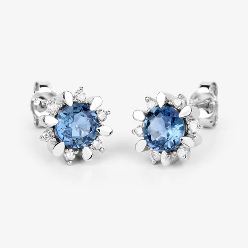 1.87 Carat Genuine Blue Sapphire and White Diamond 14K White Gold Earrings - Image 10
