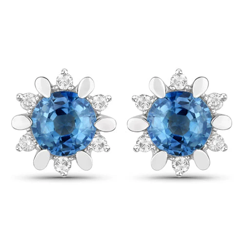 1.87 Carat Genuine Blue Sapphire and White Diamond 14K White Gold Earrings - Image 5