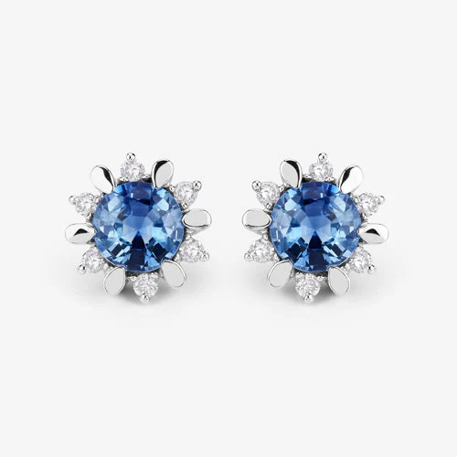 1.87 Carat Genuine Blue Sapphire and White Diamond 14K White Gold Earrings - Image 8