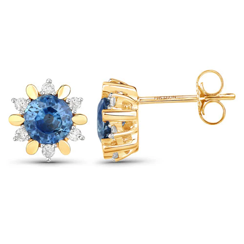 1.87 Carat Genuine Blue Sapphire and White Diamond 14K Yellow Gold Earrings - Image 6