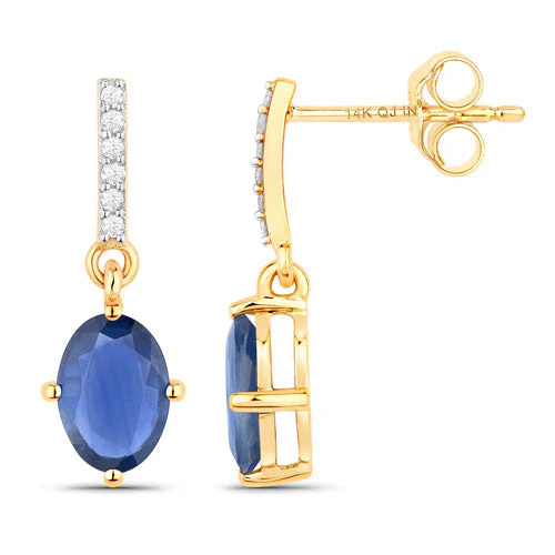 1.95 Carat Genuine Blue Sapphire and White Diamond 14K Yellow Gold Earrings - Image 2