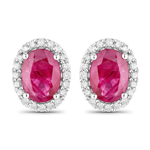 1.96 Carat Genuine Ruby and White Diamond 14K White Gold Earrings