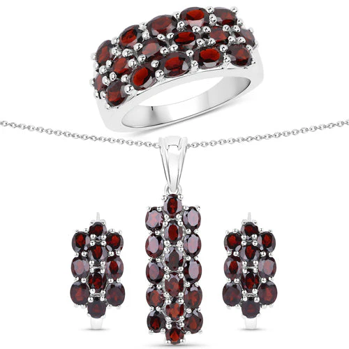 10.40 Carat Genuine Garnet .925 Sterling Silver 3 Piece Jewelry Set (Ring, Earrings, and Pendant w/ Chain) - Image 5