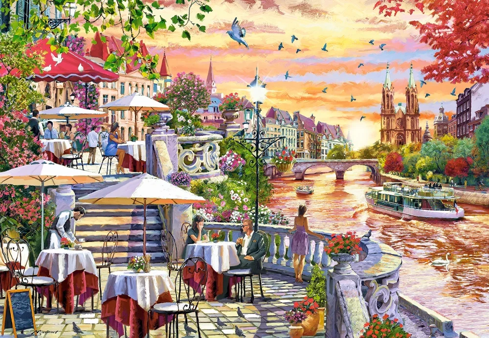 1000 Piece Jigsaw Puzzle, Romantic City Sunset, charming riverside terrace, painterly landscape, Adult Puzzle, Castorland C-104956-2 - Image 2