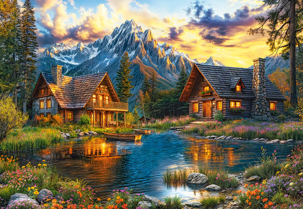 1000 Piece Jigsaw Puzzle, Summertime Evening, Cozy mountain cabins, Peaceful beauty, Sunset, Adult Puzzle, Castorland C-105397-2 - Image 2
