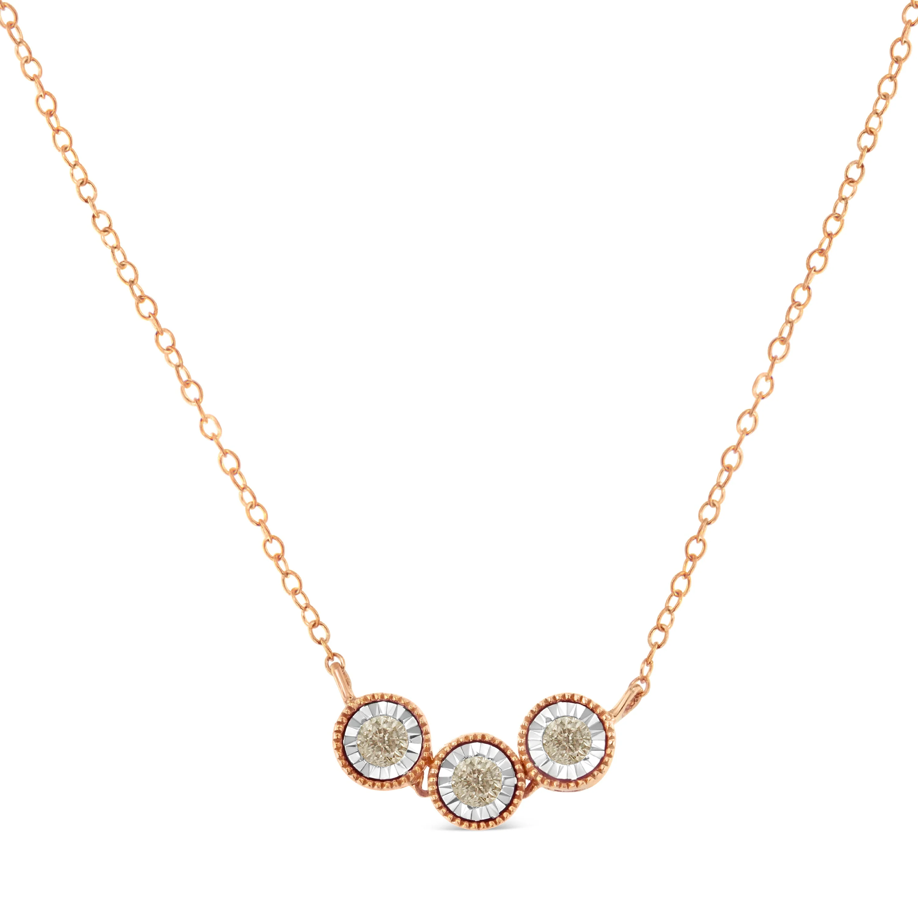10K Rose and White Gold Plated .925 Sterling Silver 1/4 Cttw Miracle-Set Champagne Diamond Triple Circle 18" Necklace (I2-I3 Clarity) - Image 3