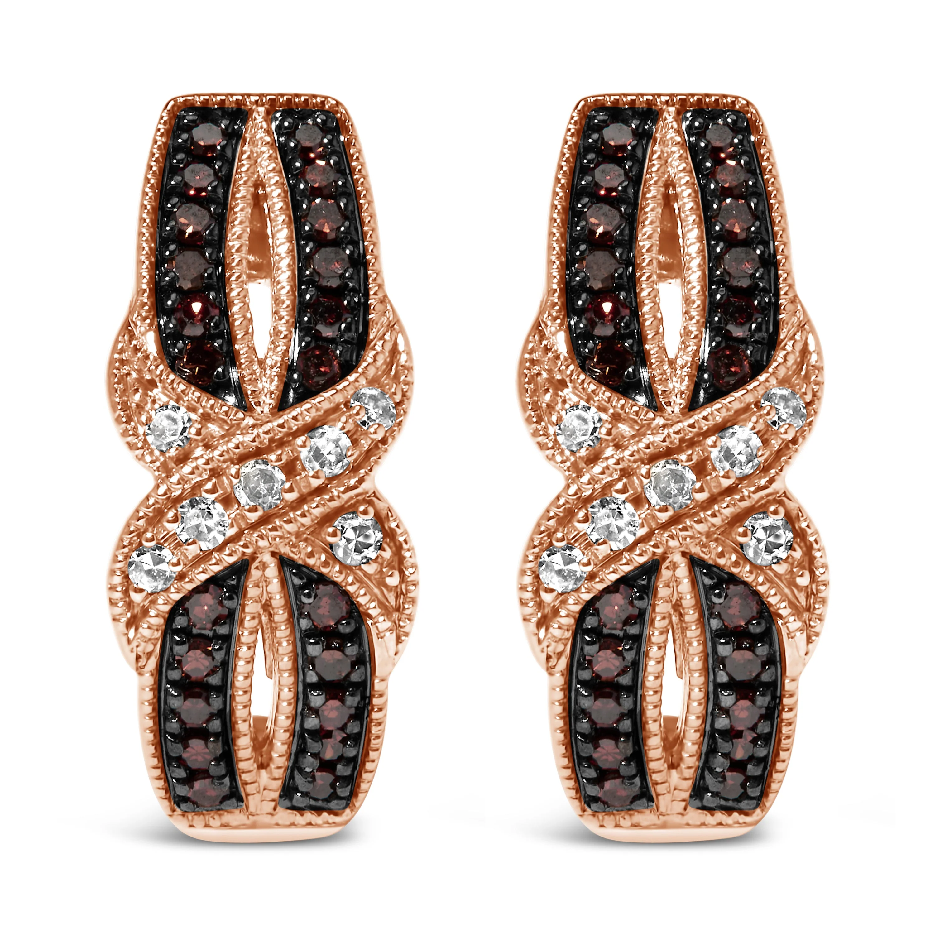 10K Rose Gold 1/3 Cttw White and Brown Diamond Milgrain Criss Cross J-Hoop Earrings (I-J Color, I1-I2 Clarity) - Image 2