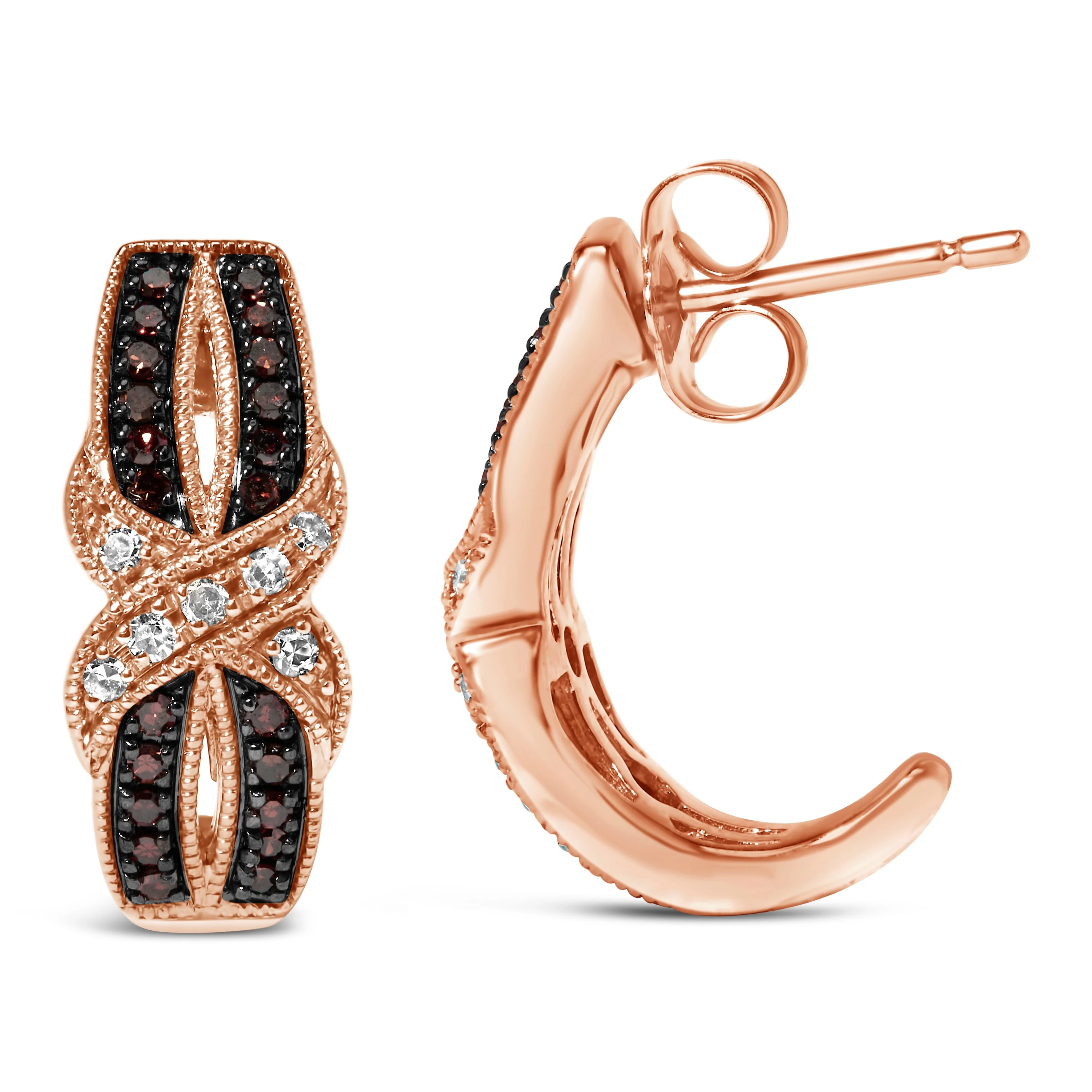 10K Rose Gold 1/3 Cttw White and Brown Diamond Milgrain Criss Cross J-Hoop Earrings (I-J Color, I1-I2 Clarity) - Image 3