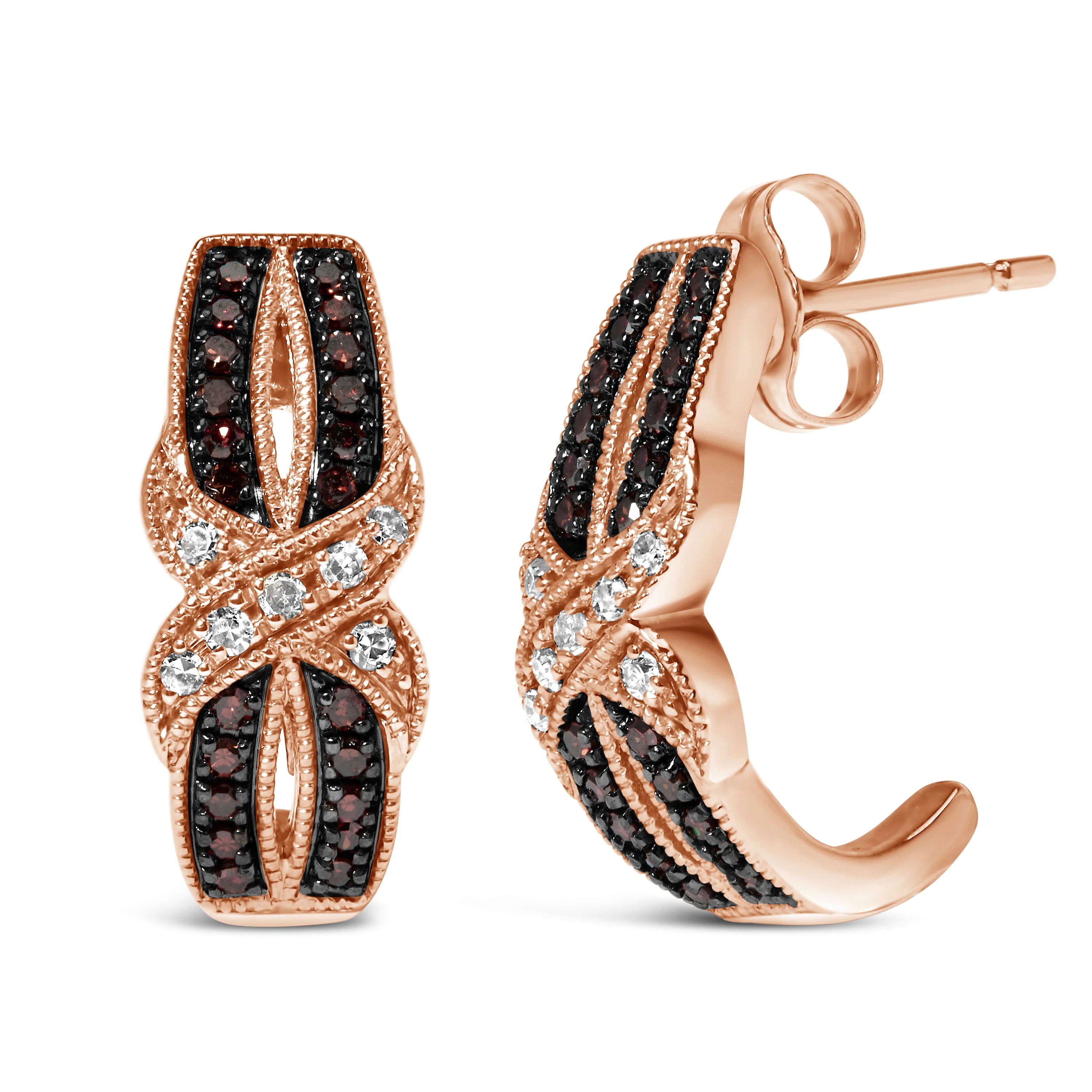 10K Rose Gold 1/3 Cttw White and Brown Diamond Milgrain Criss Cross J-Hoop Earrings (I-J Color, I1-I2 Clarity) - Image 4