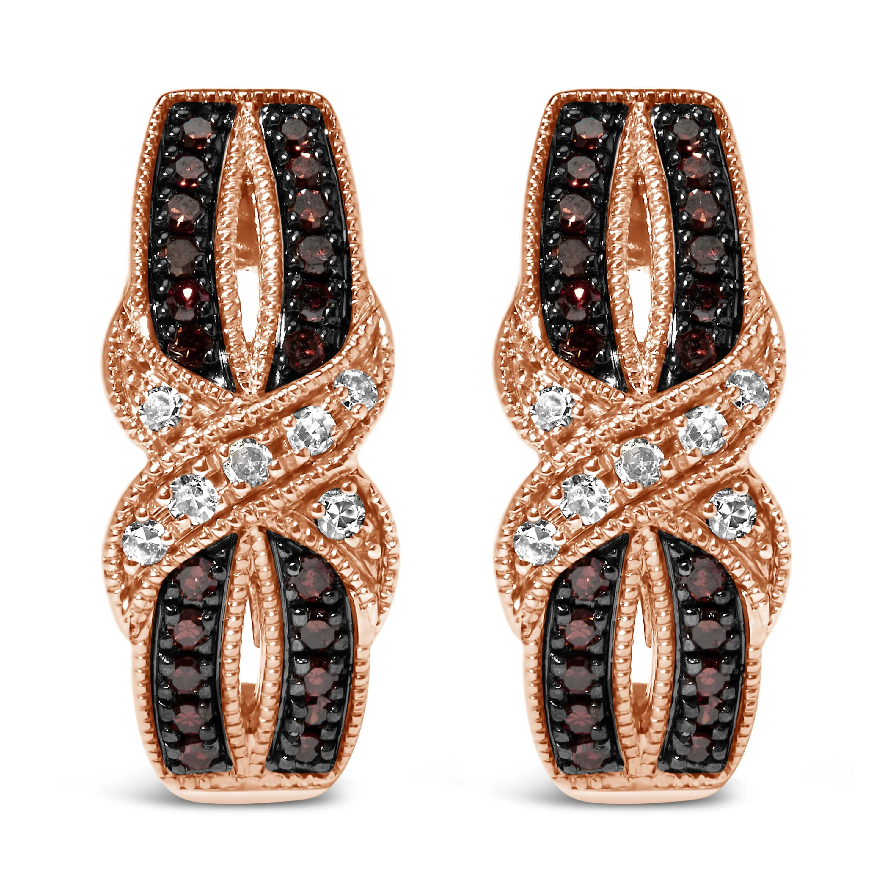 10K Rose Gold 1/3 Cttw White and Brown Diamond Milgrain Criss Cross J-Hoop Earrings (I-J Color, I1-I2 Clarity) - Image 5