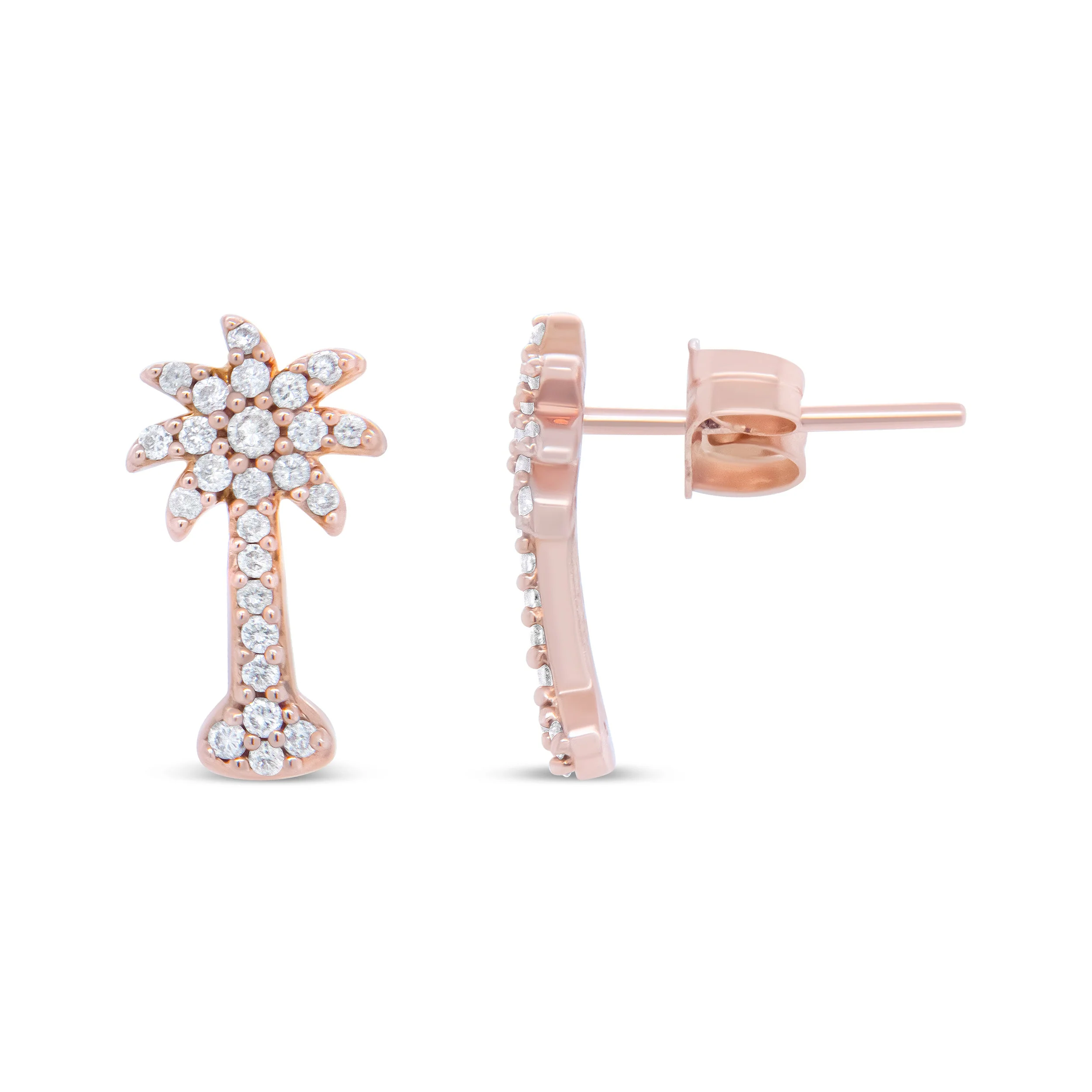 10K Rose Gold 1/4 Cttw Diamond Palm Tree Push Back Stud Earrings (H-I Color, I1-I2 Clarity) - Image 4