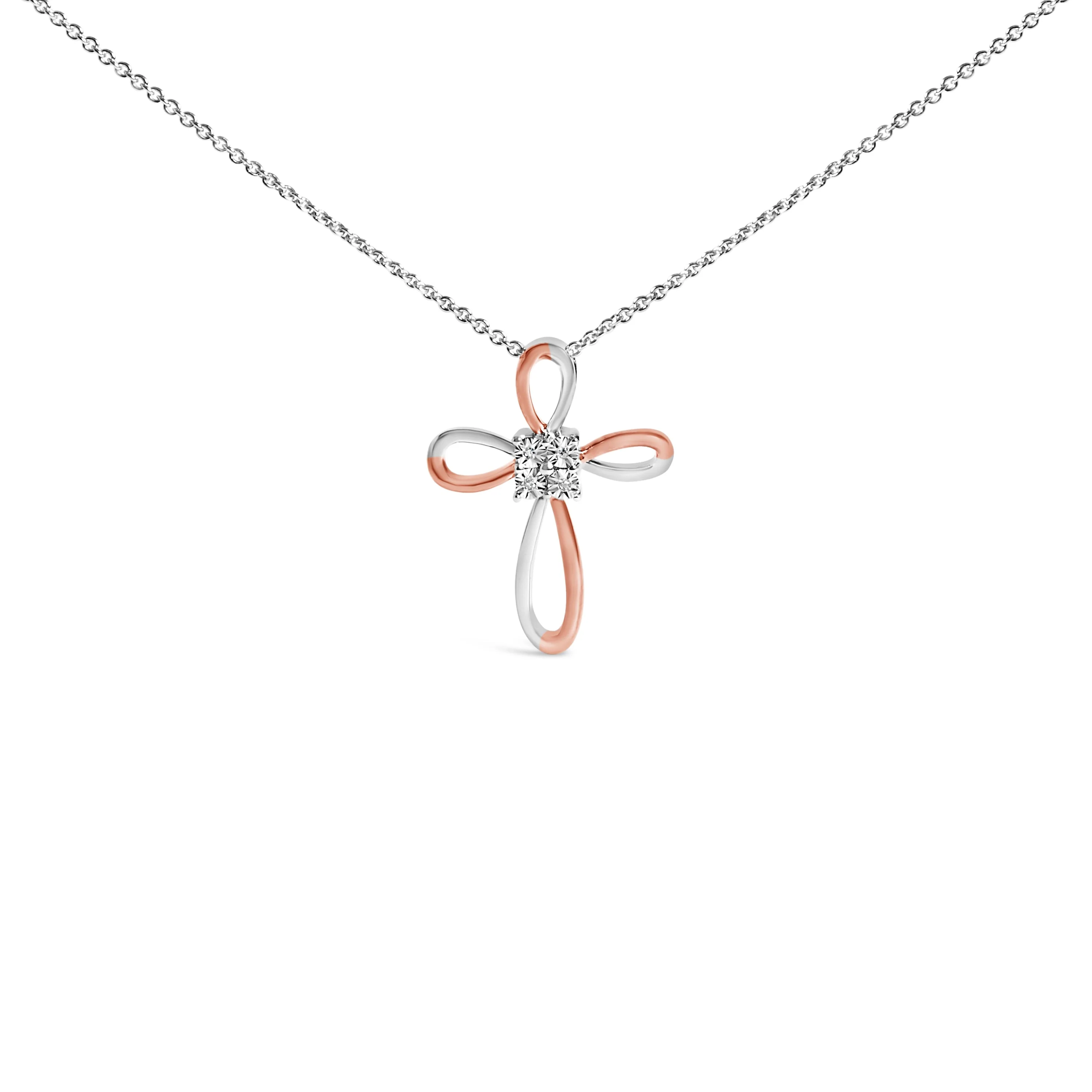 10K Rose Gold Plated Sterling Silver Diamond Accent Cross Pendant Necklace