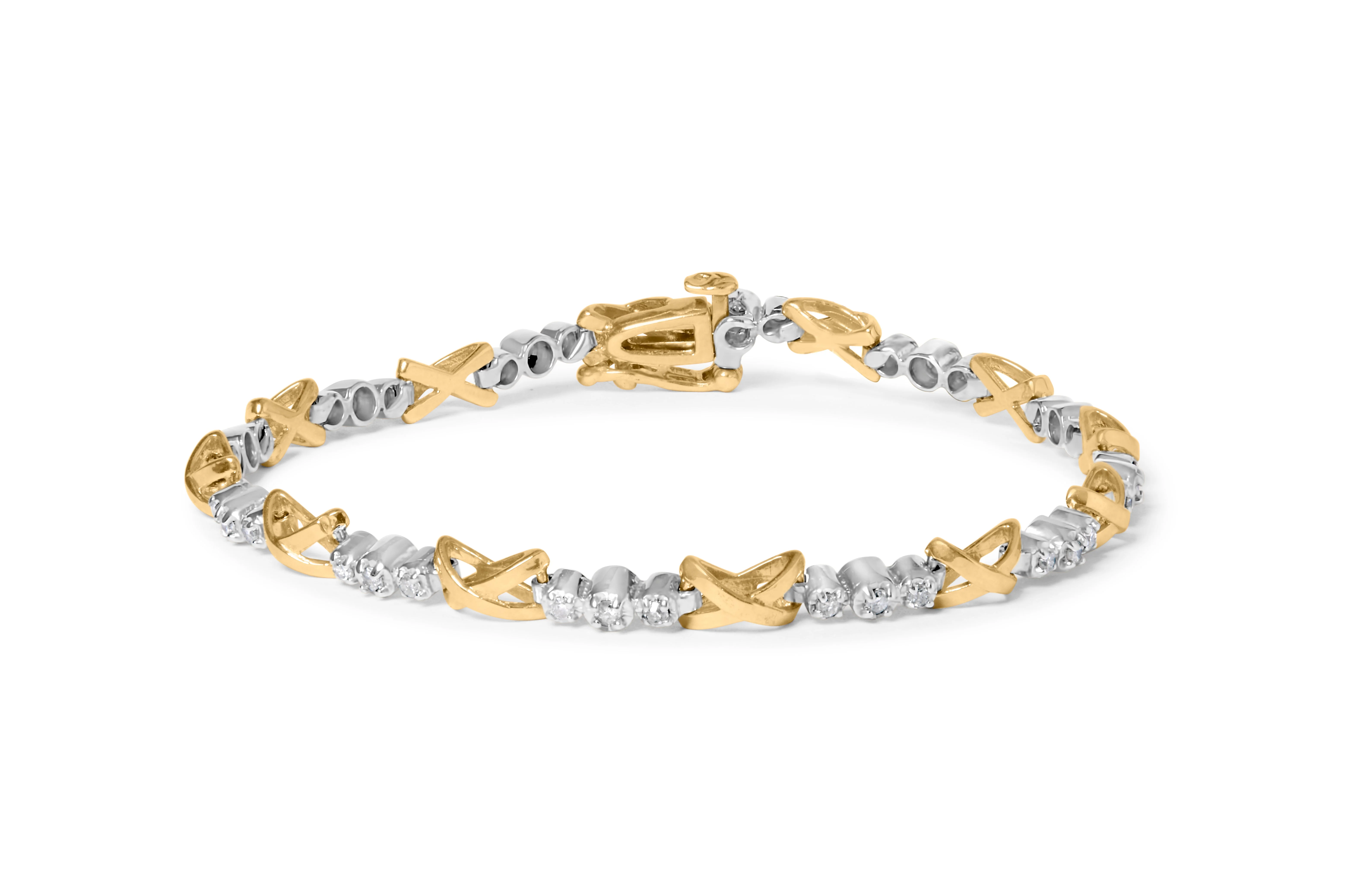 10K Two-Tone Gold 1/2 Cttw Diamond Alternating 3 Stone and X-Link 7" Bracelet (I-J Color, I2-I3 Clarity) - Image 5