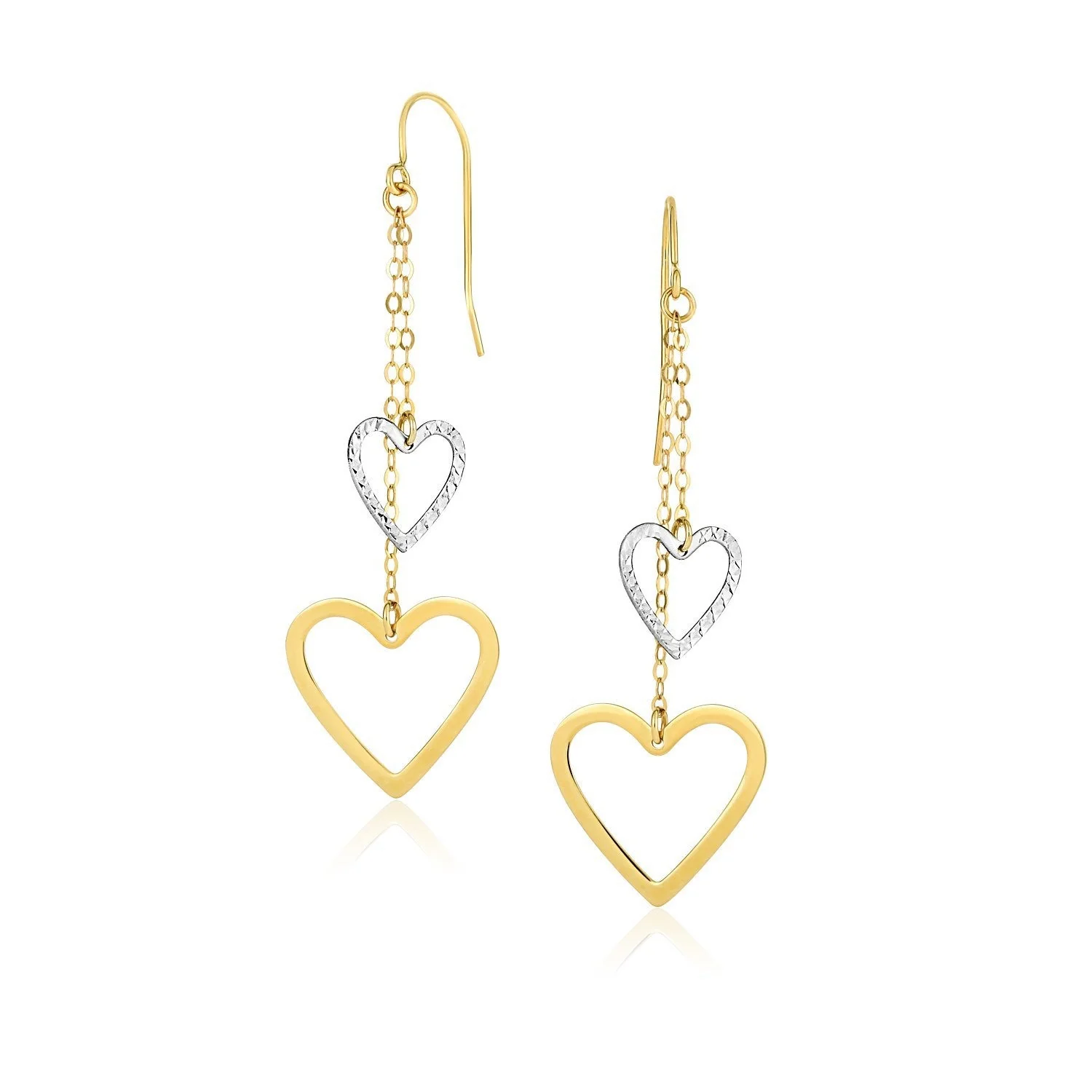 10k Two-Tone Gold Cutout Heart Chain Dangling Earrings - Image 2