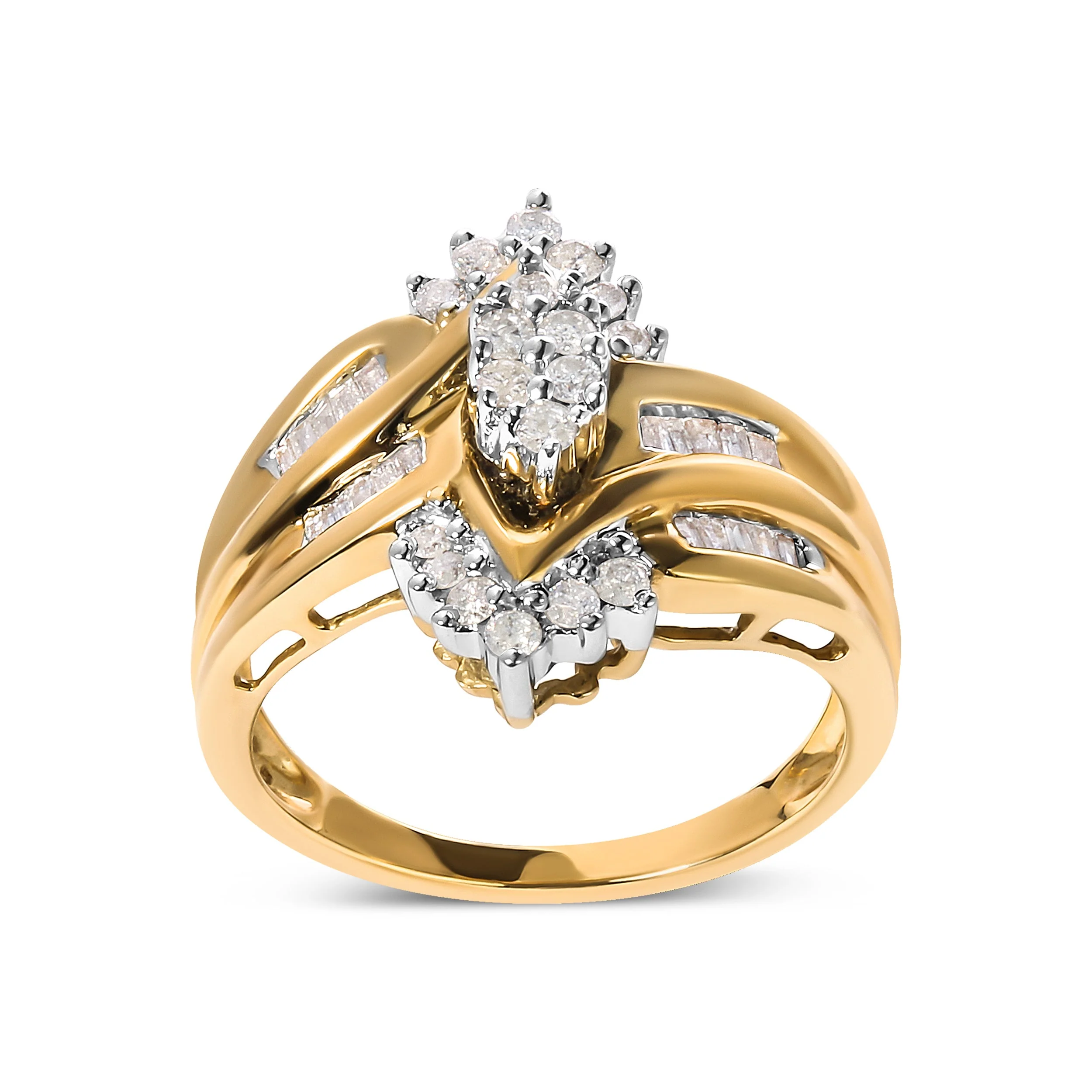 10K Two-Toned 1/2 Cttw Round And Baguette-Cut Composite Pear Head Diamond Ring (H-I Color, I2-I3 Clarity) - Ring Size 7 - Image 2