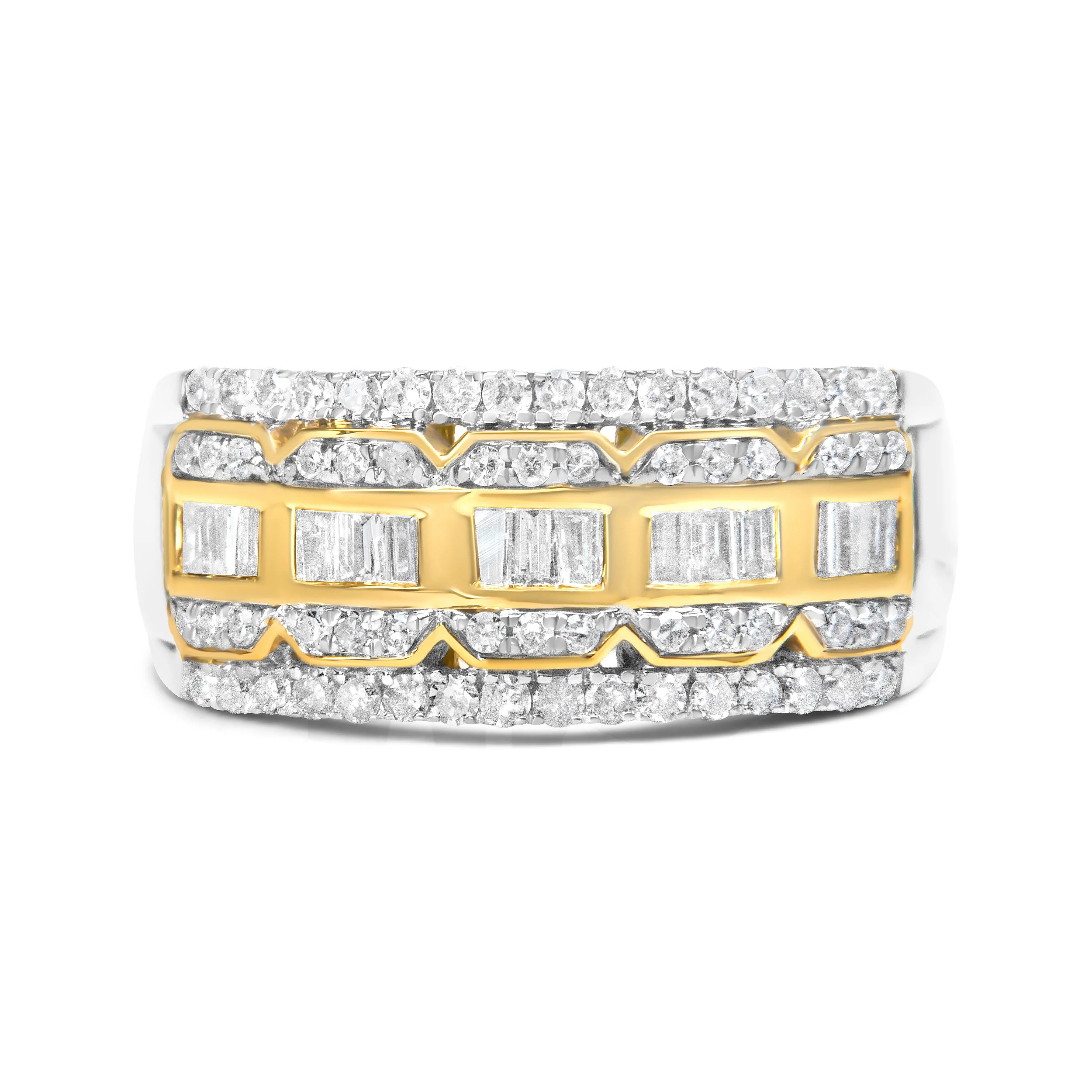 10K White and Yellow Gold 1.00 Cttw Baguette and Round cut Diamond Art Deco Multi-Row Ring Band (I-J Color, I1-I2 Clarity) - Ring Size 7 - Image 2