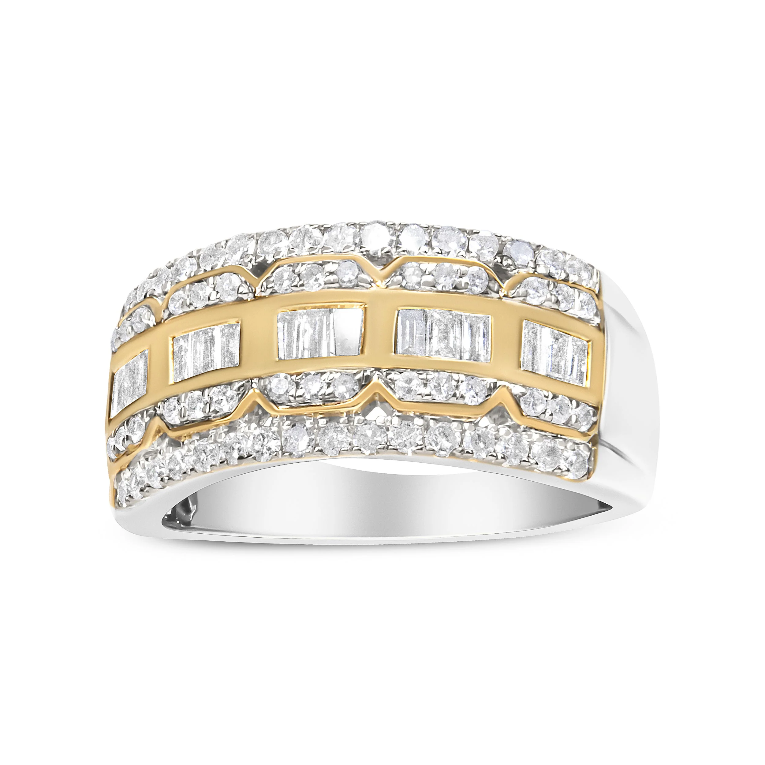 10K White and Yellow Gold 1.00 Cttw Baguette and Round cut Diamond Art Deco Multi-Row Ring Band (I-J Color, I1-I2 Clarity) - Ring Size 7 - Image 3