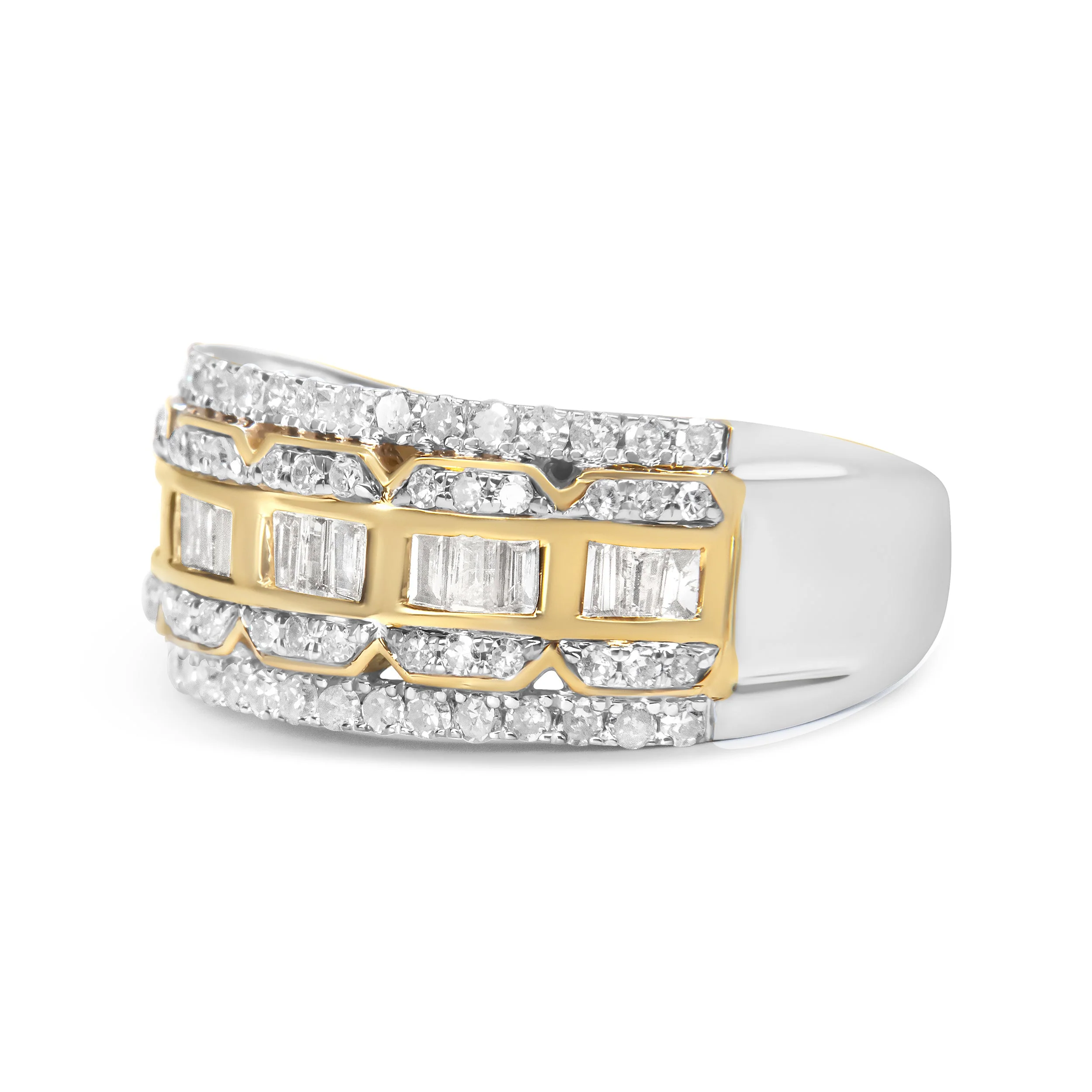 10K White and Yellow Gold 1.00 Cttw Baguette and Round cut Diamond Art Deco Multi-Row Ring Band (I-J Color, I1-I2 Clarity) - Ring Size 7 - Image 4