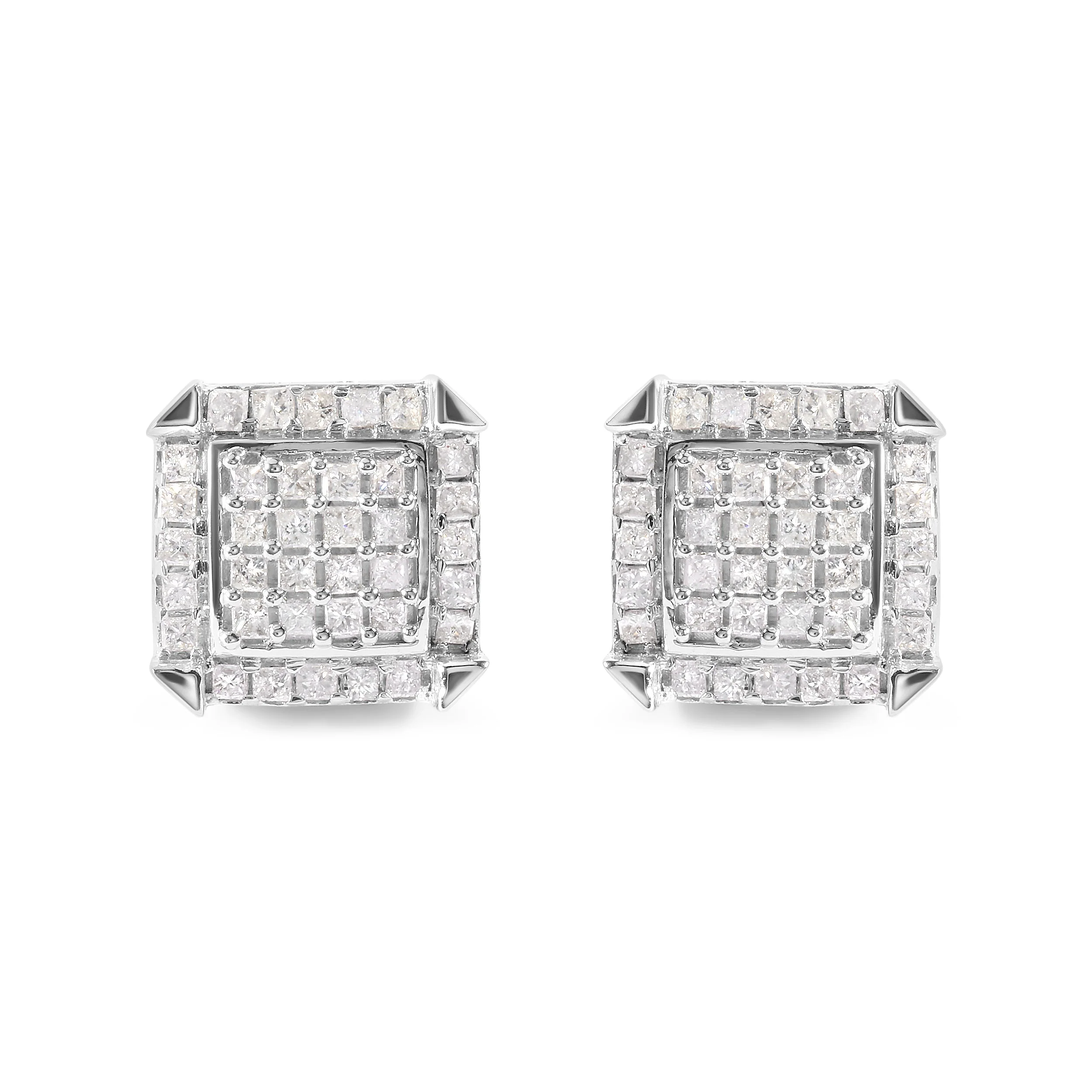10K White Gold 1 1/10 Cttw Princess Diamond Composite and Halo Stud Earrings (I-J Color, I1-I2 Clarity)