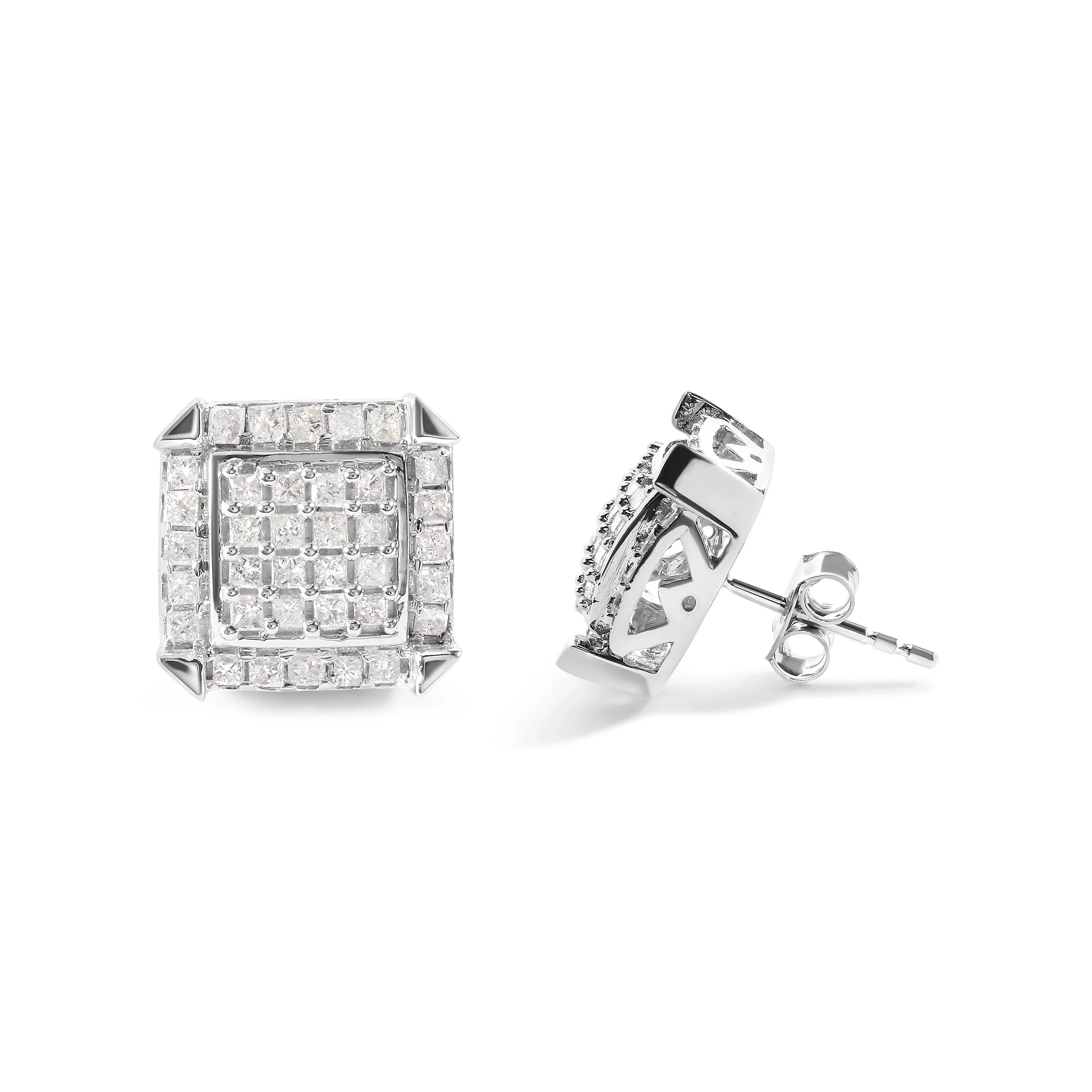 10K White Gold 1 1/10 Cttw Princess Diamond Composite and Halo Stud Earrings (I-J Color, I1-I2 Clarity) - Image 3
