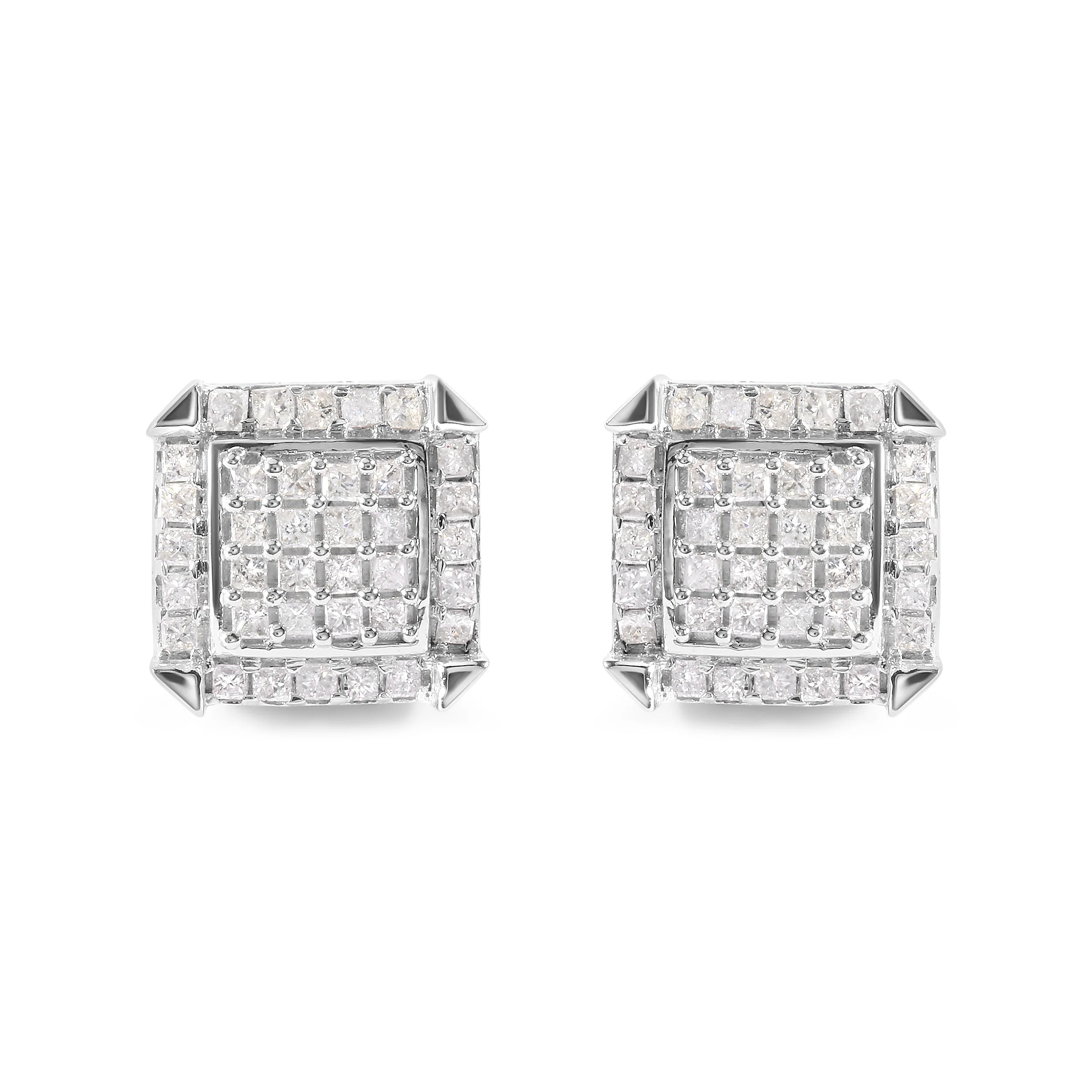 10K White Gold 1 1/10 Cttw Princess Diamond Composite and Halo Stud Earrings (I-J Color, I1-I2 Clarity) - Image 4