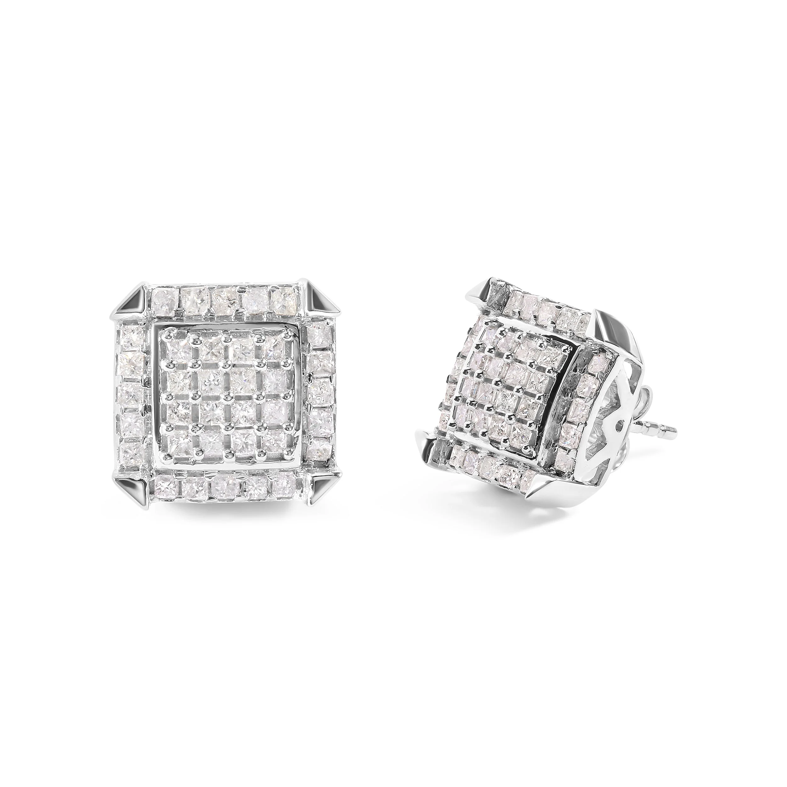 10K White Gold 1 1/10 Cttw Princess Diamond Composite and Halo Stud Earrings (I-J Color, I1-I2 Clarity) - Image 5