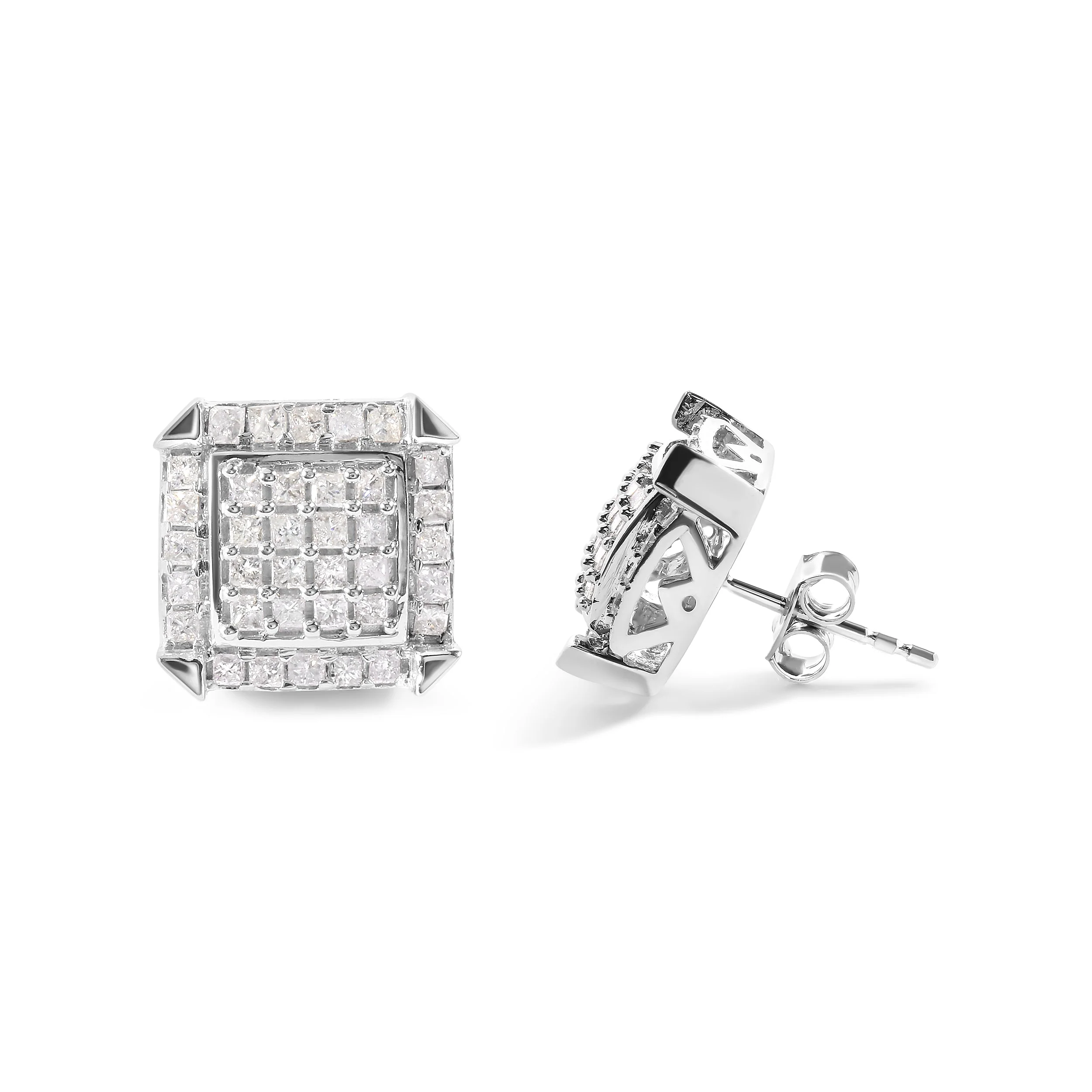 10K White Gold 1 1/10 Cttw Princess Diamond Composite and Halo Stud Earrings (I-J Color, I1-I2 Clarity) - Image 6