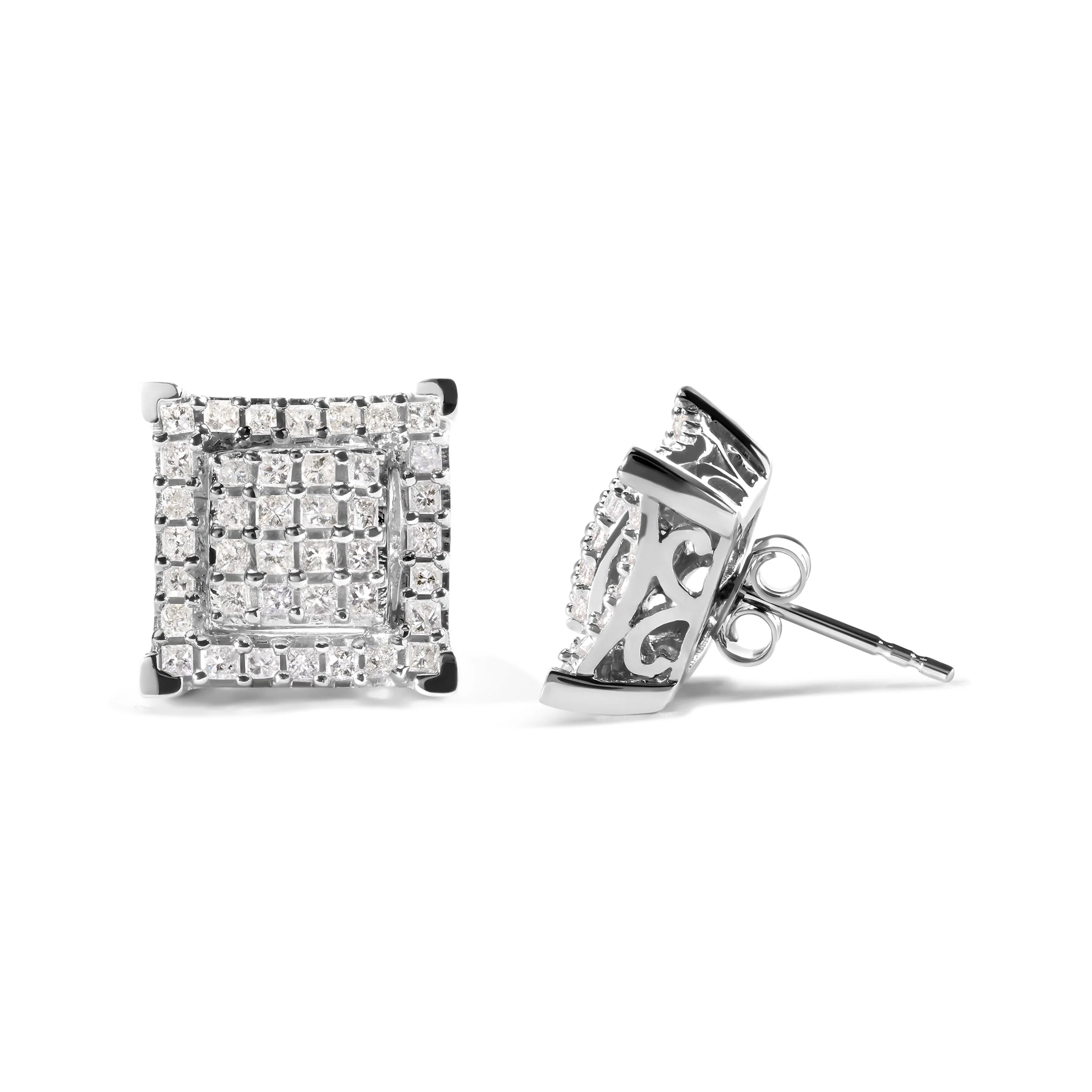10K White Gold 1 1/4 Cttw Princess Diamond Composite Double Square and Halo Stud Earrings (I-J Color, I1-I2 Clarity) - Image 3