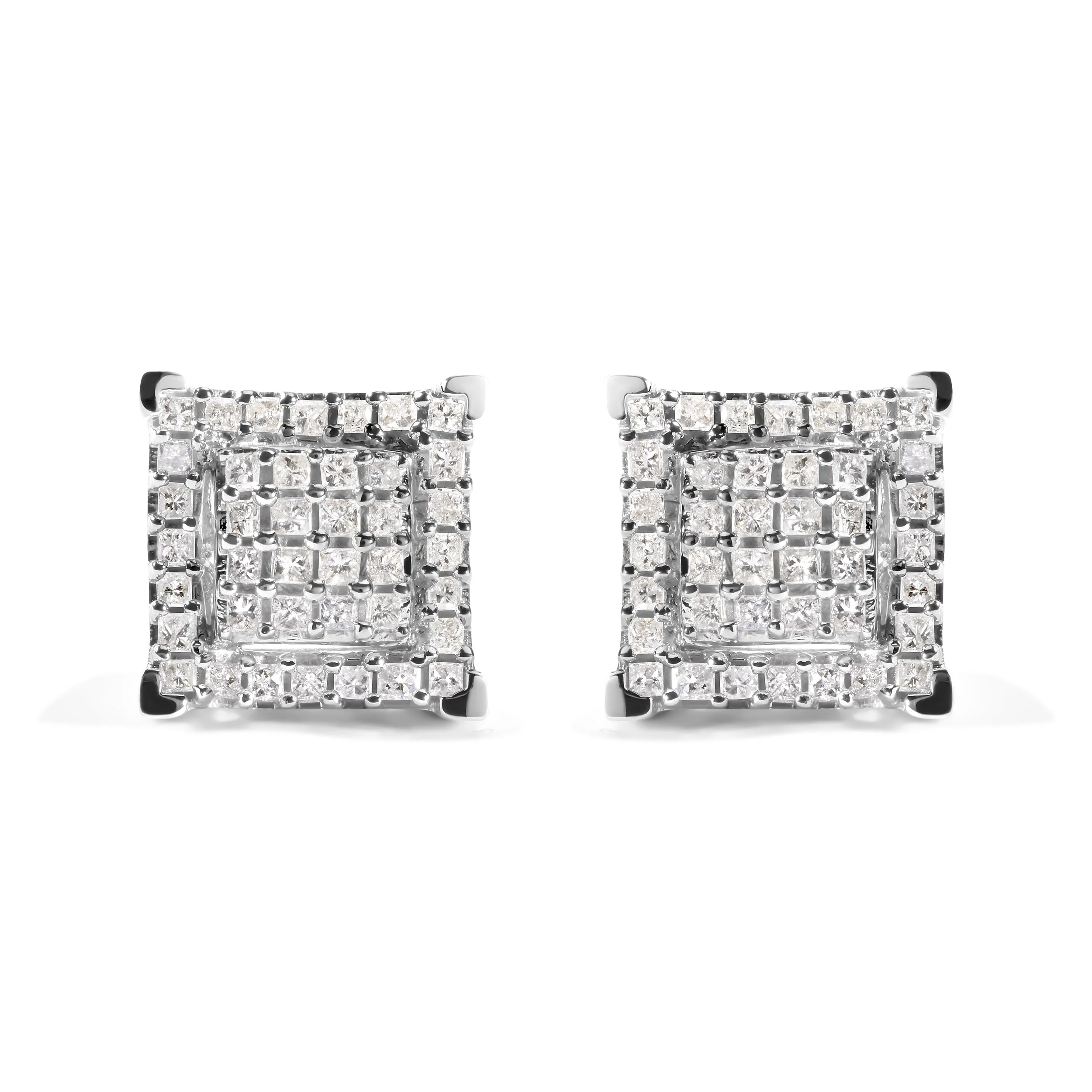 10K White Gold 1 1/4 Cttw Princess Diamond Composite Double Square and Halo Stud Earrings (I-J Color, I1-I2 Clarity) - Image 4