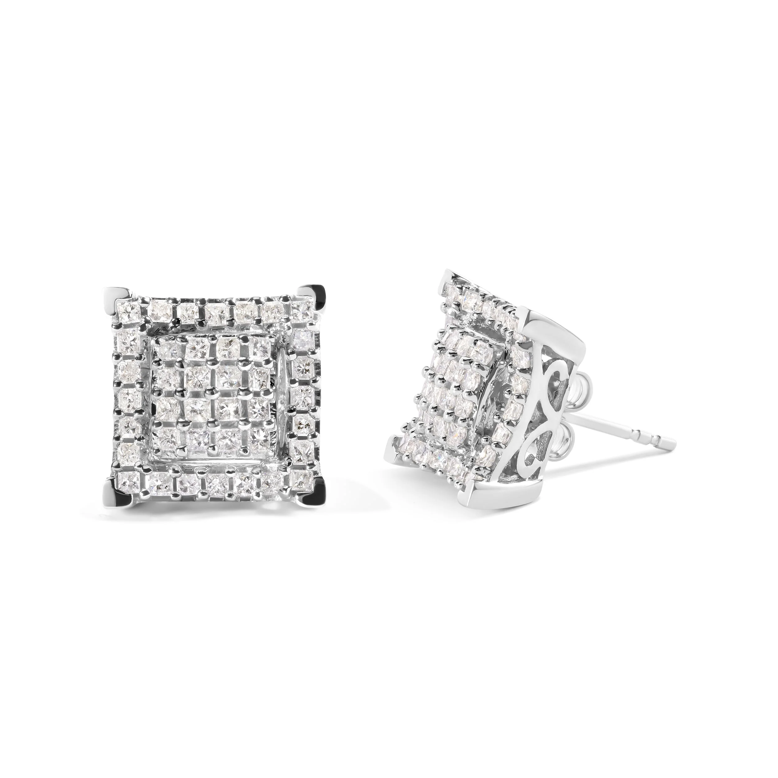 10K White Gold 1 1/4 Cttw Princess Diamond Composite Double Square and Halo Stud Earrings (I-J Color, I1-I2 Clarity) - Image 5