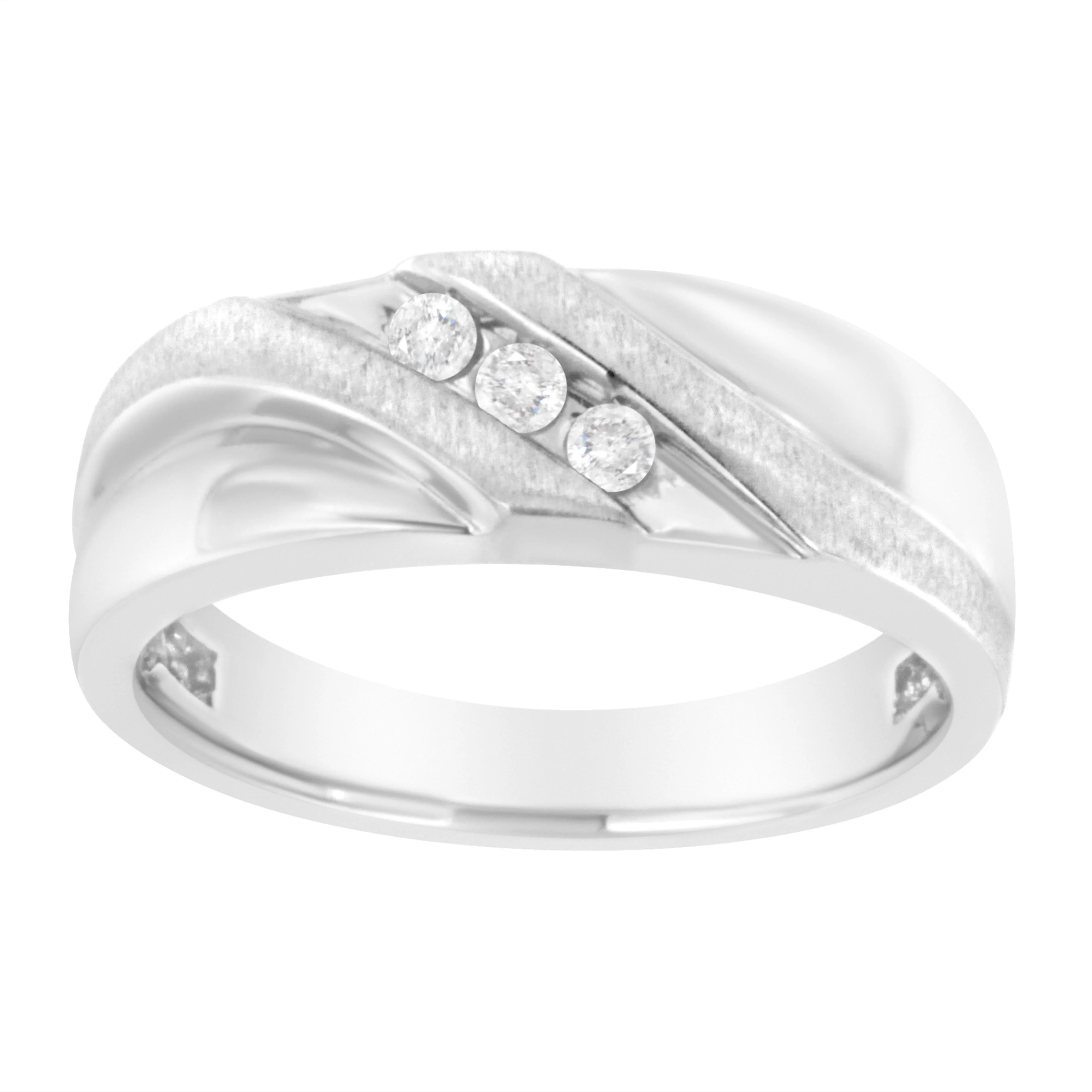 10K White Gold 1/10 Cttw Diamond Men's Three Stone Channel Set Diamond Wedding Ring (I-J Color, I1-I2 Clarity) - Size 10 - Image 2
