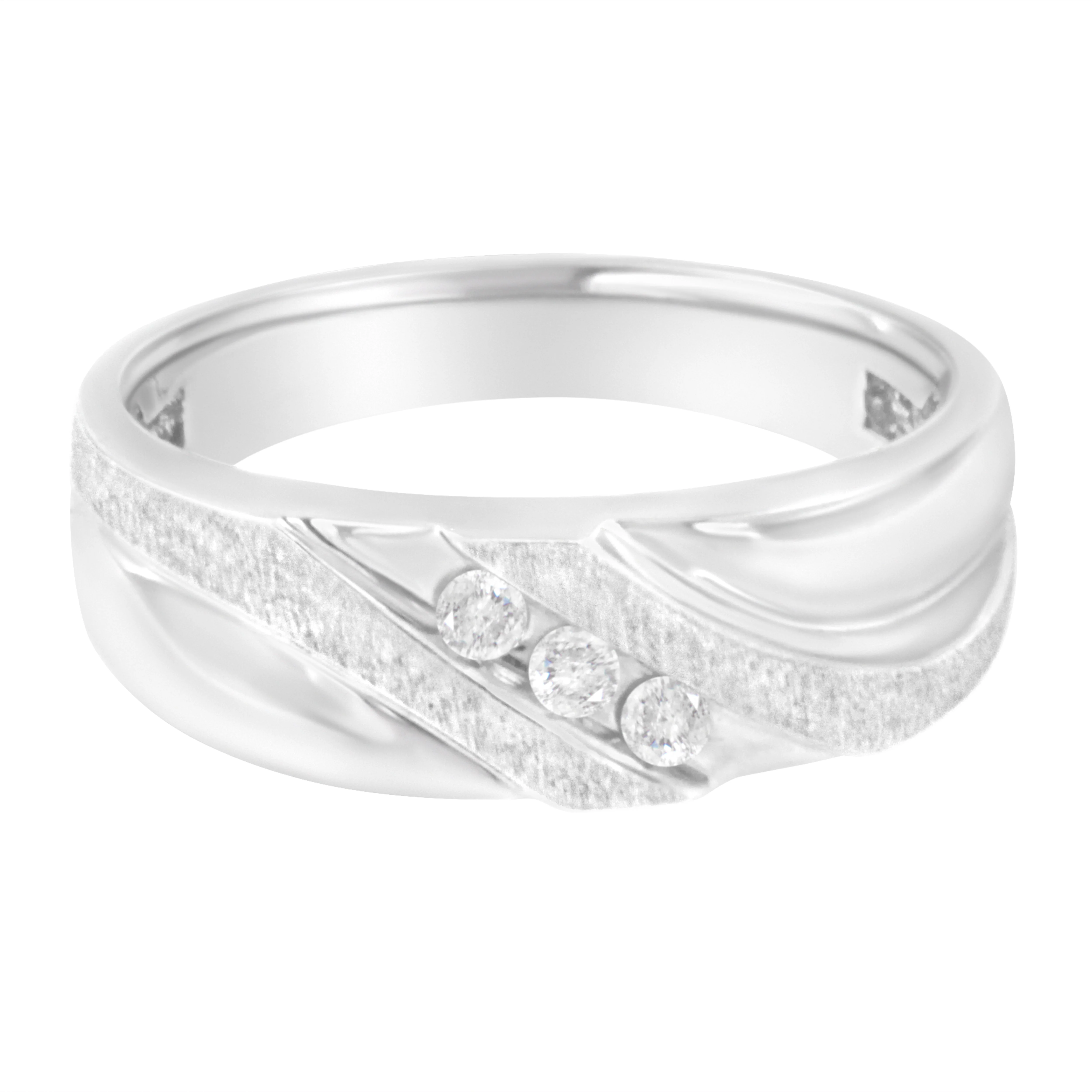 10K White Gold 1/10 Cttw Diamond Men's Three Stone Channel Set Diamond Wedding Ring (I-J Color, I1-I2 Clarity) - Size 10 - Image 6