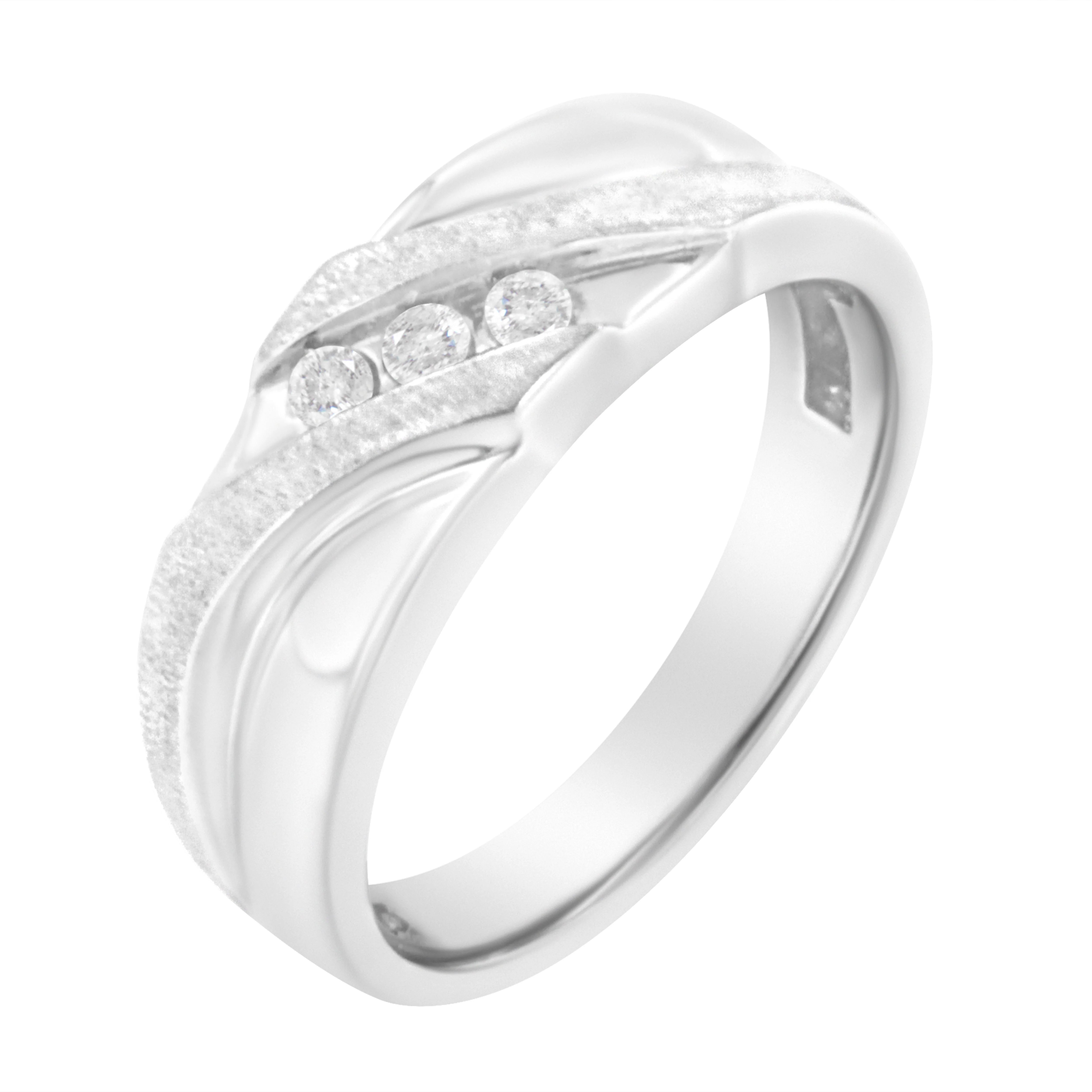 10K White Gold 1/10 Cttw Diamond Men's Three Stone Channel Set Diamond Wedding Ring (I-J Color, I1-I2 Clarity) - Size 10 - Image 8