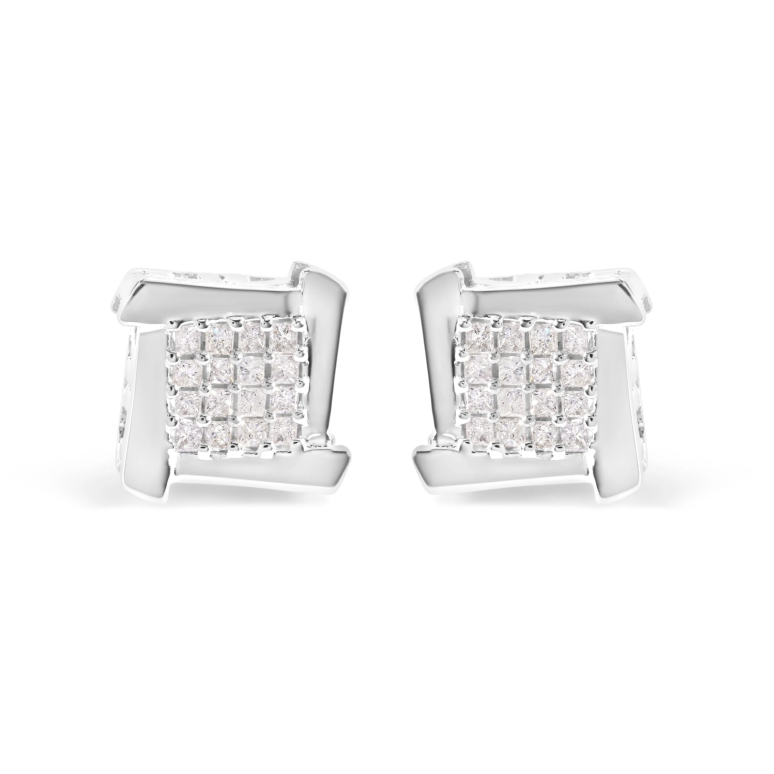 10K White Gold 1/2 Cttw Composite Princess Diamond Square and Swirl Stud Earrings (I-J Color, I1-I2 Clarity)