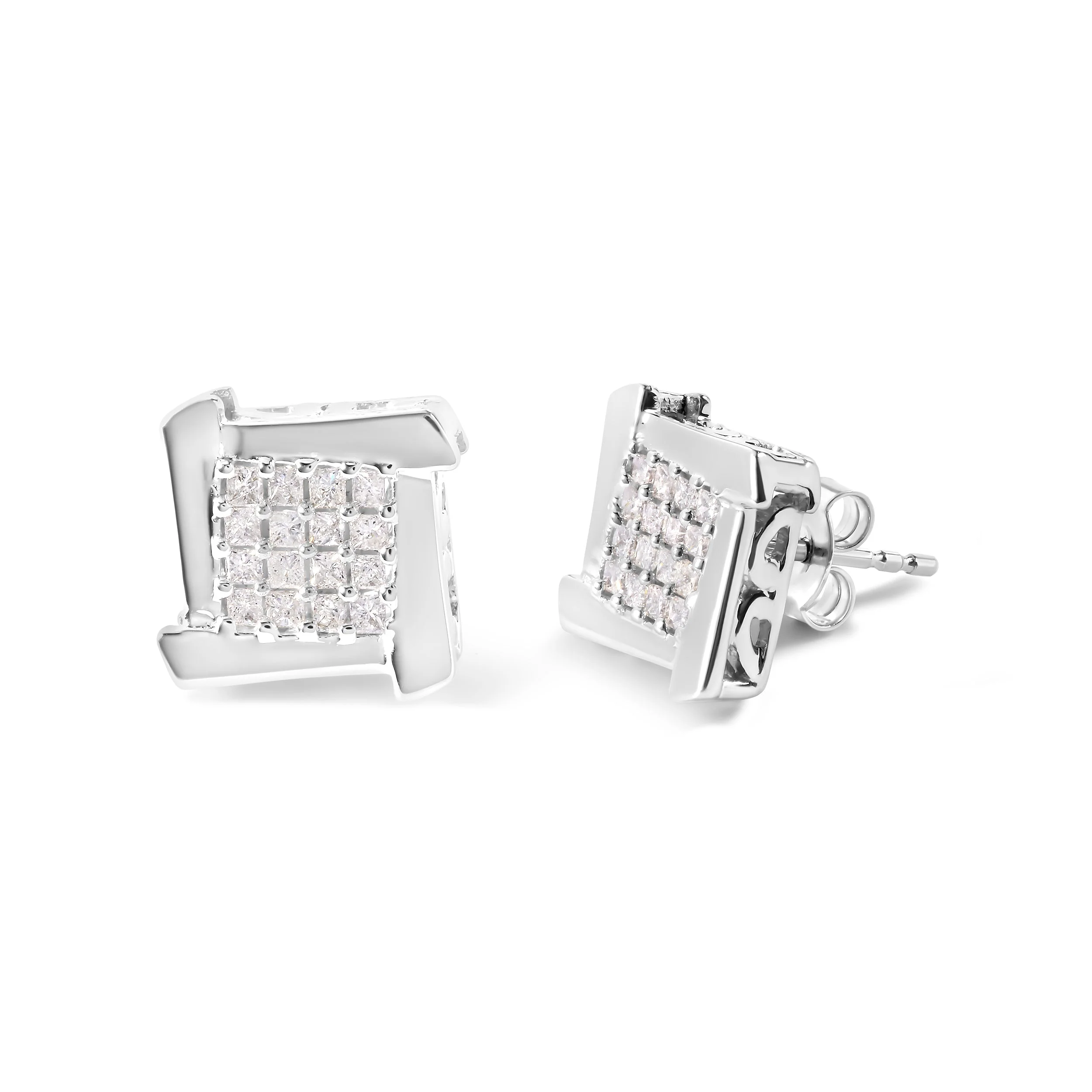 10K White Gold 1/2 Cttw Composite Princess Diamond Square and Swirl Stud Earrings (I-J Color, I1-I2 Clarity) - Image 2