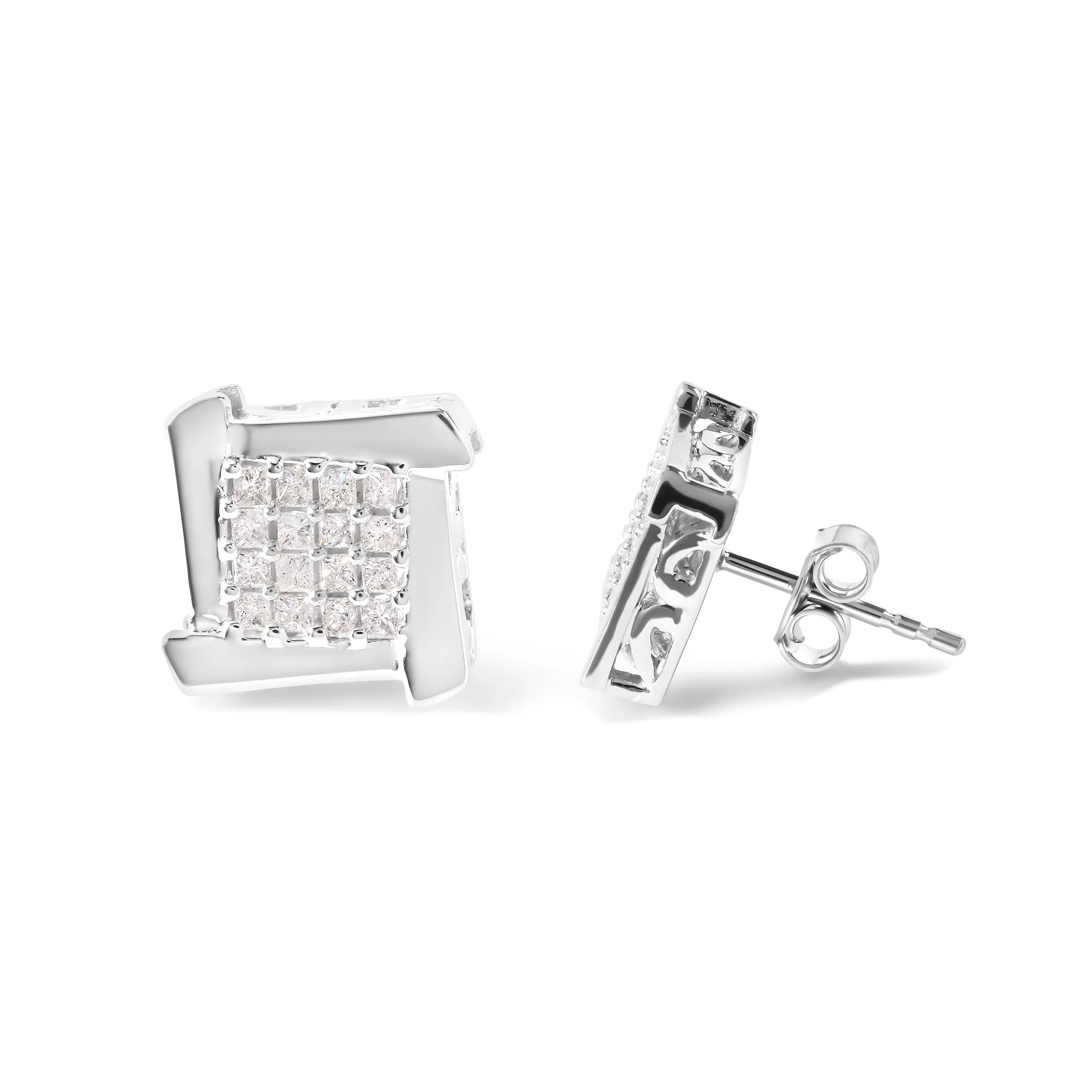 10K White Gold 1/2 Cttw Composite Princess Diamond Square and Swirl Stud Earrings (I-J Color, I1-I2 Clarity) - Image 3