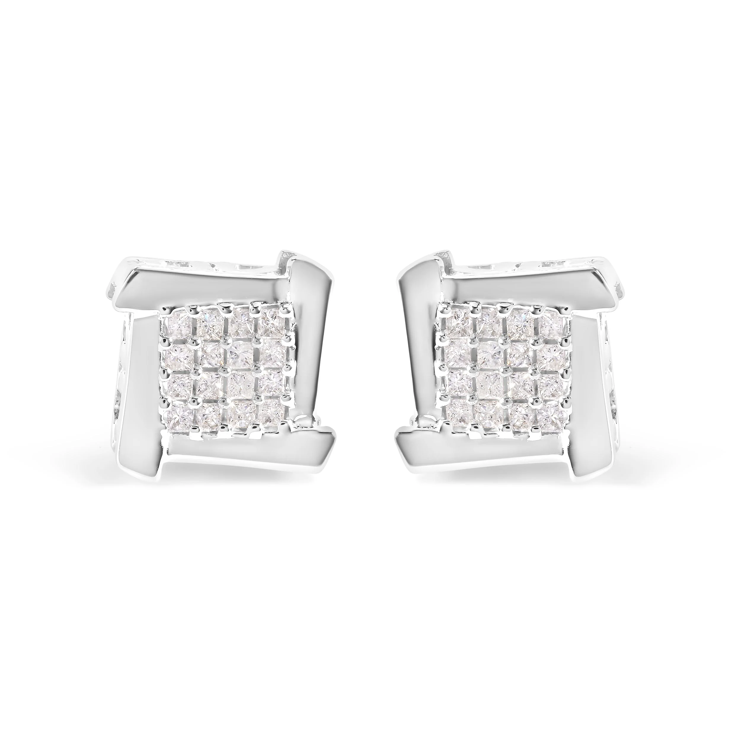 10K White Gold 1/2 Cttw Composite Princess Diamond Square and Swirl Stud Earrings (I-J Color, I1-I2 Clarity) - Image 4