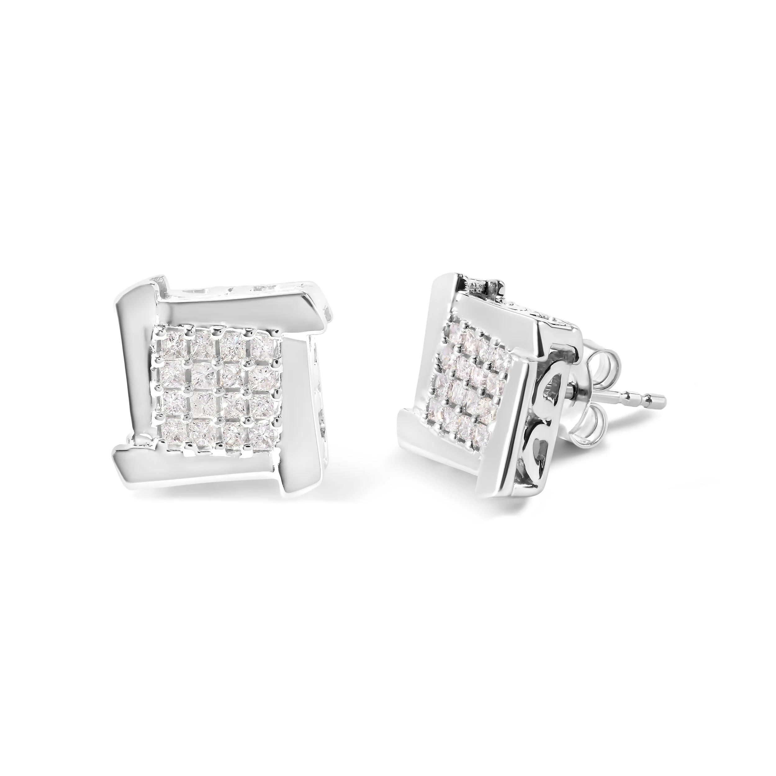 10K White Gold 1/2 Cttw Composite Princess Diamond Square and Swirl Stud Earrings (I-J Color, I1-I2 Clarity) - Image 5