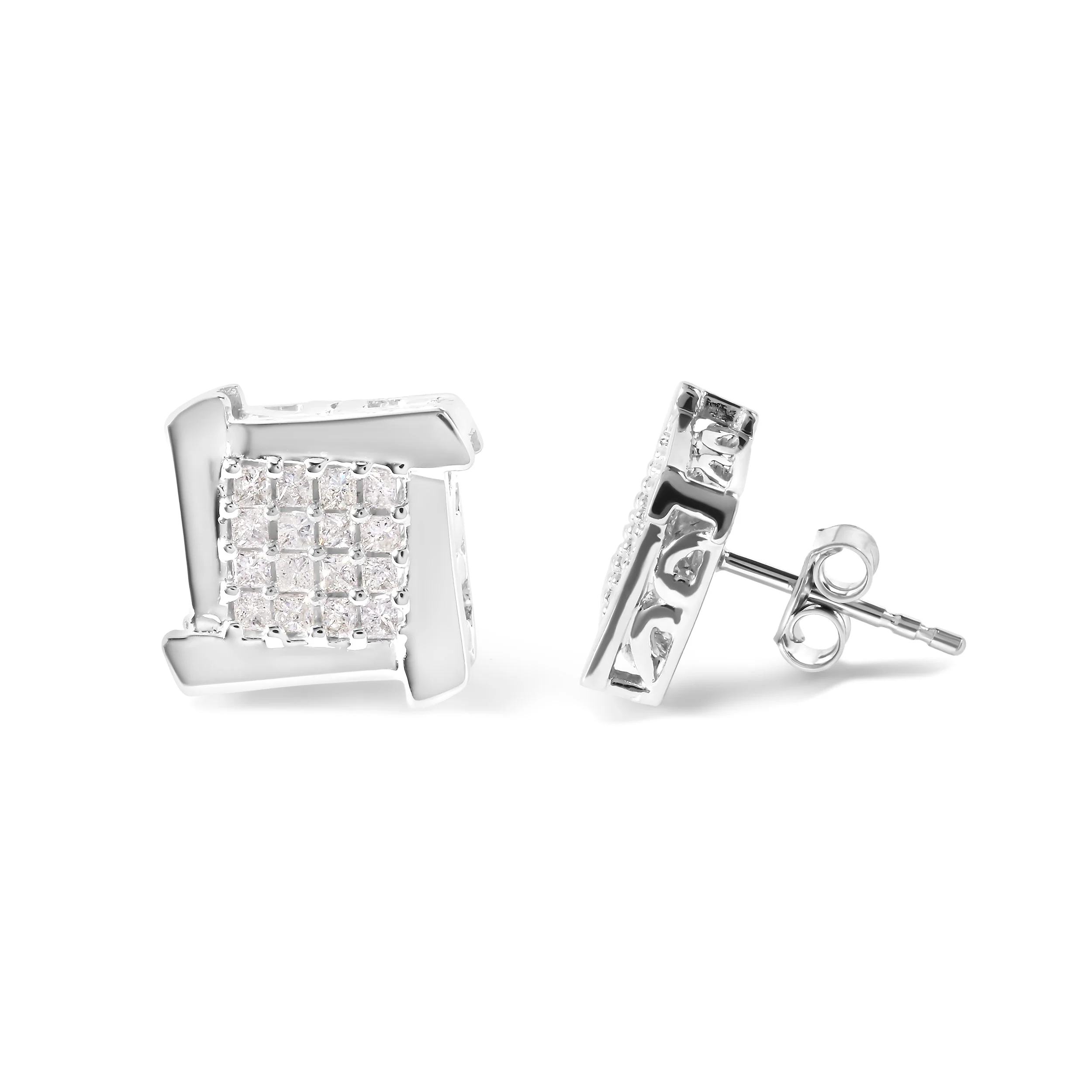 10K White Gold 1/2 Cttw Composite Princess Diamond Square and Swirl Stud Earrings (I-J Color, I1-I2 Clarity) - Image 6