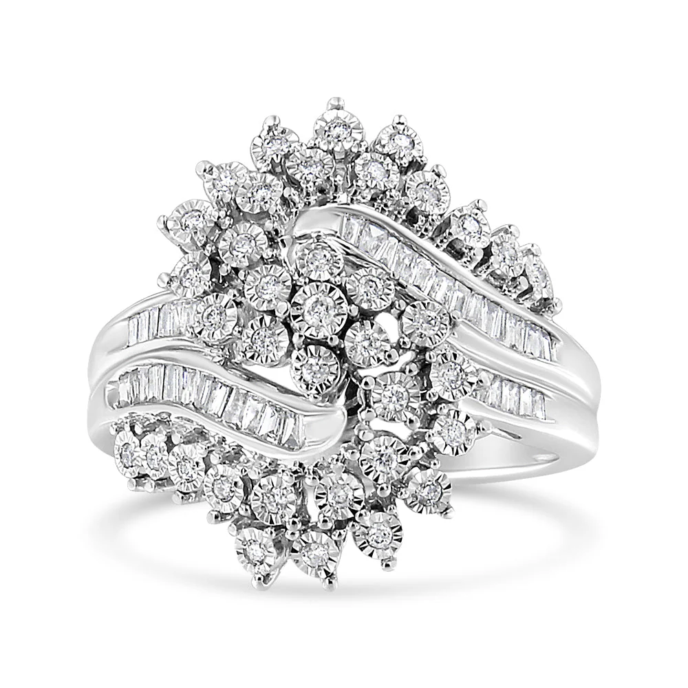 10K White Gold 1/2 Cttw Round and Baguette-Cut "S" Shaped Bypass Cocktail Ring (I-J Color, I1-I2 Clarity) - Size 7 - Image 2