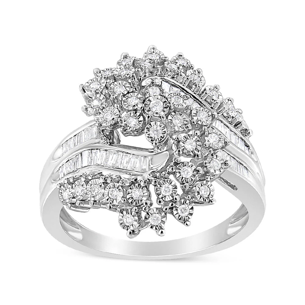 10K White Gold 1/2 Cttw Round and Baguette-Cut "S" Shaped Bypass Cocktail Ring (I-J Color, I1-I2 Clarity) - Size 7 - Image 3