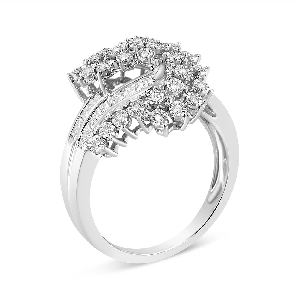 10K White Gold 1/2 Cttw Round and Baguette-Cut "S" Shaped Bypass Cocktail Ring (I-J Color, I1-I2 Clarity) - Size 7 - Image 5