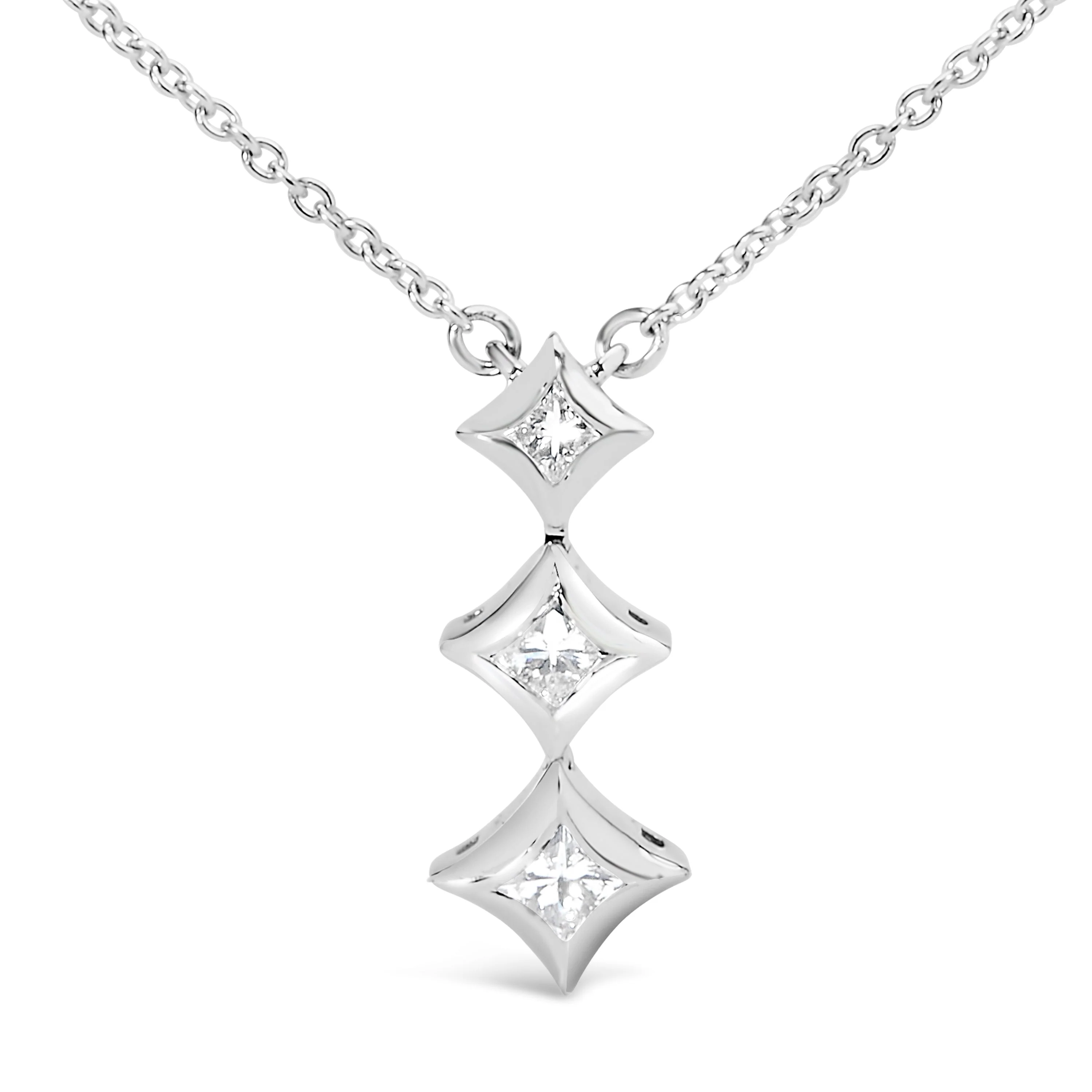 10K White Gold 1/5 Cttw Princess Cut Diamond 3 Stone Drop 18" Pendant Necklace (H-I Color, SI2-I1 Clarity) - Image 2