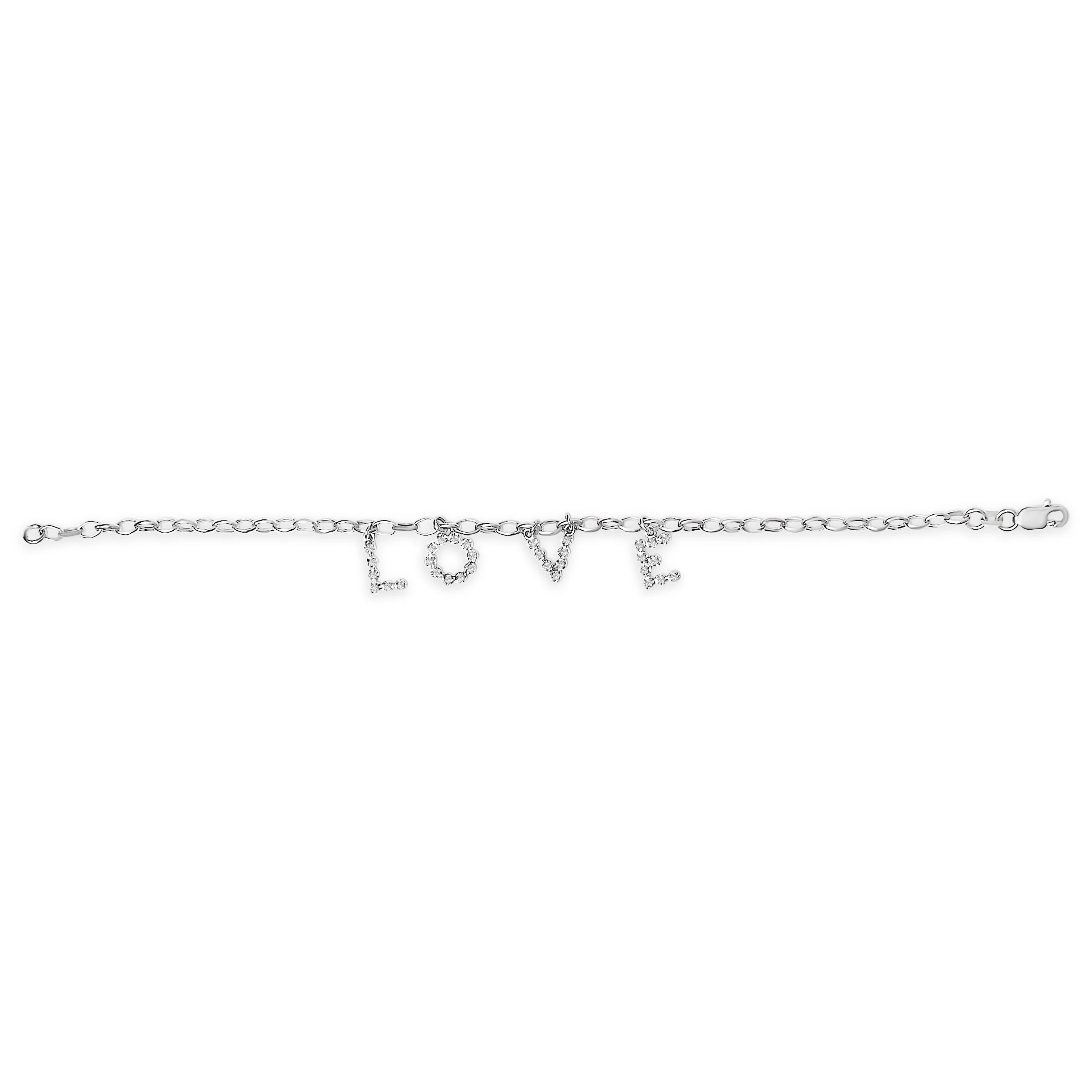 10k White Gold 1/6 Cttw Diamond "Love" Charm Cable Chain Bracelet (H-I Color, I1-I2 Clarity) - 7" - Image 3