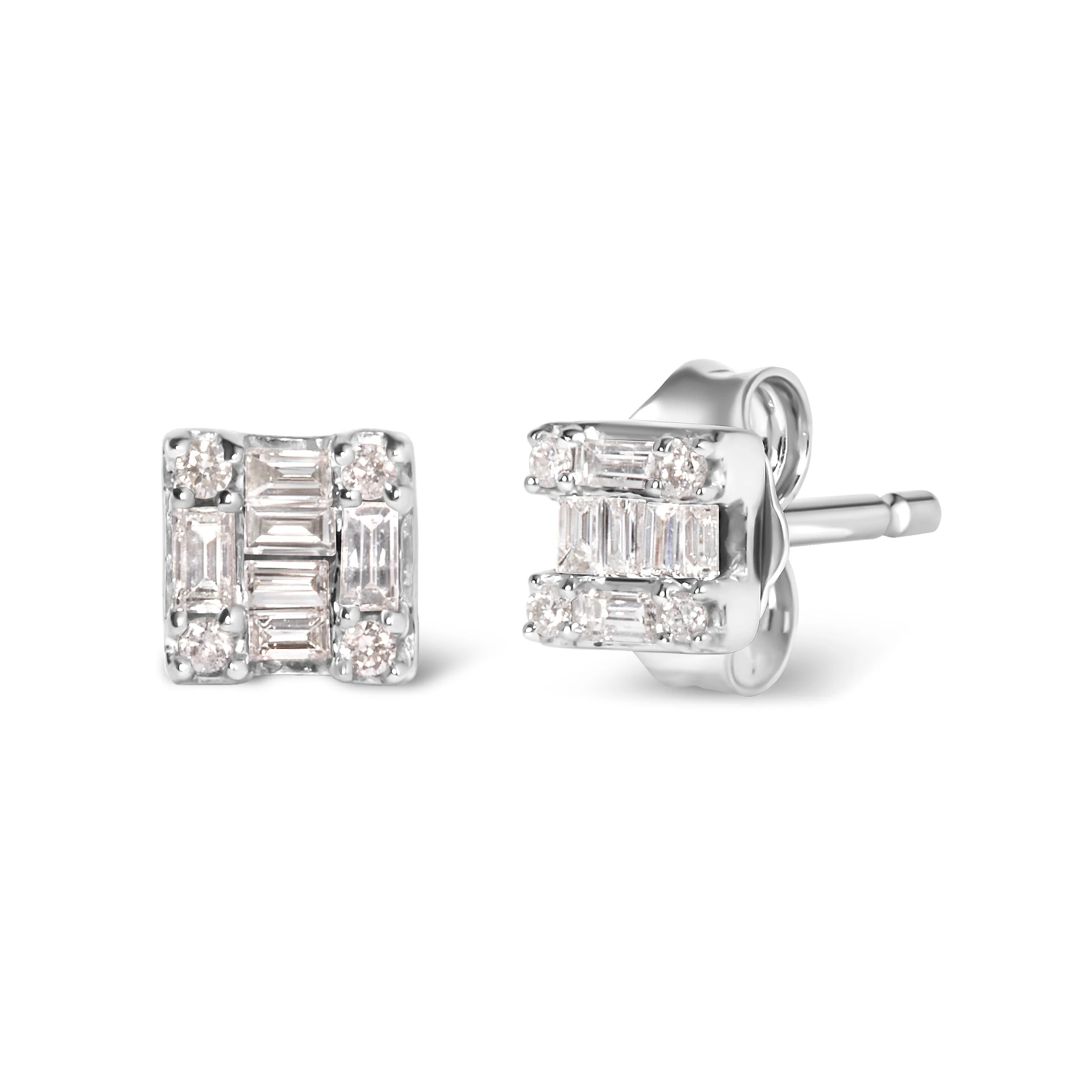 10K White Gold 1/7 Cttw Round and Baguette Diamond Mosaic Square Stud Earrings (H-I Color, I1-I2 Clarity) - Image 2