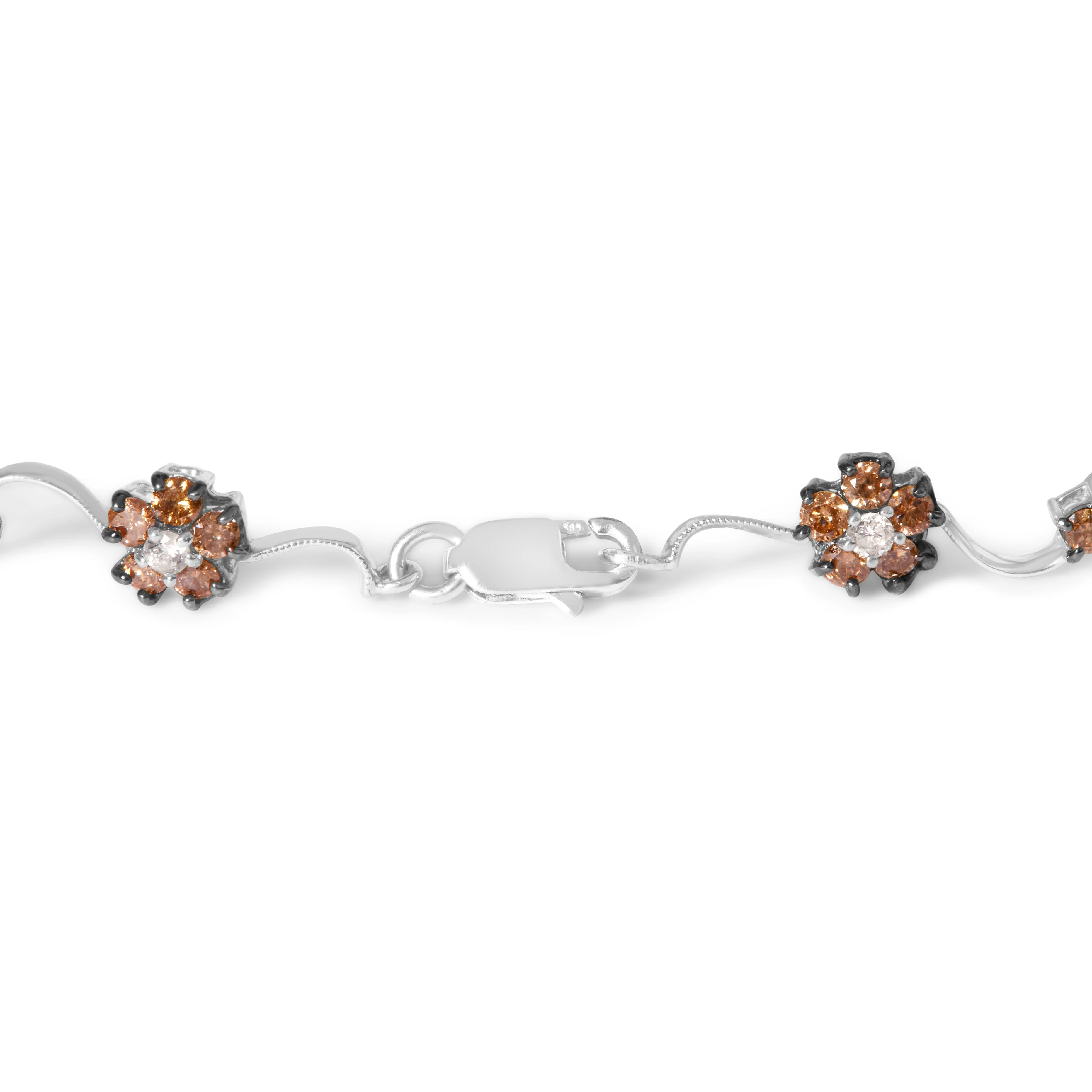 10K White Gold 4.0 Cttw Champagne and White Diamond Floral Cluster and Station Link Bracelet (H-I Color, SI2-I1 Clarity) - 7" Inches - Image 2
