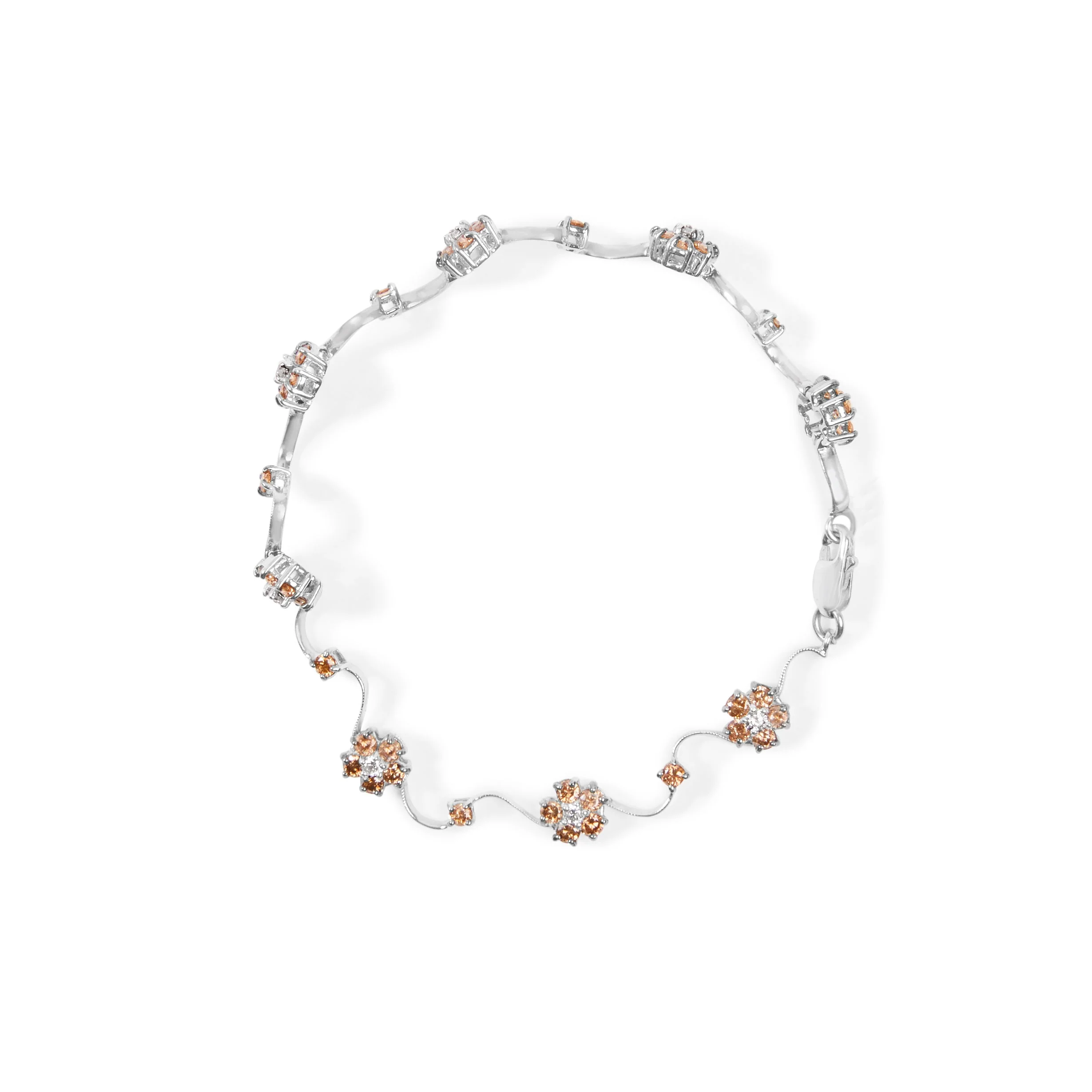 10K White Gold 4.0 Cttw Champagne and White Diamond Floral Cluster and Station Link Bracelet (H-I Color, SI2-I1 Clarity) - 7" Inches - Image 3